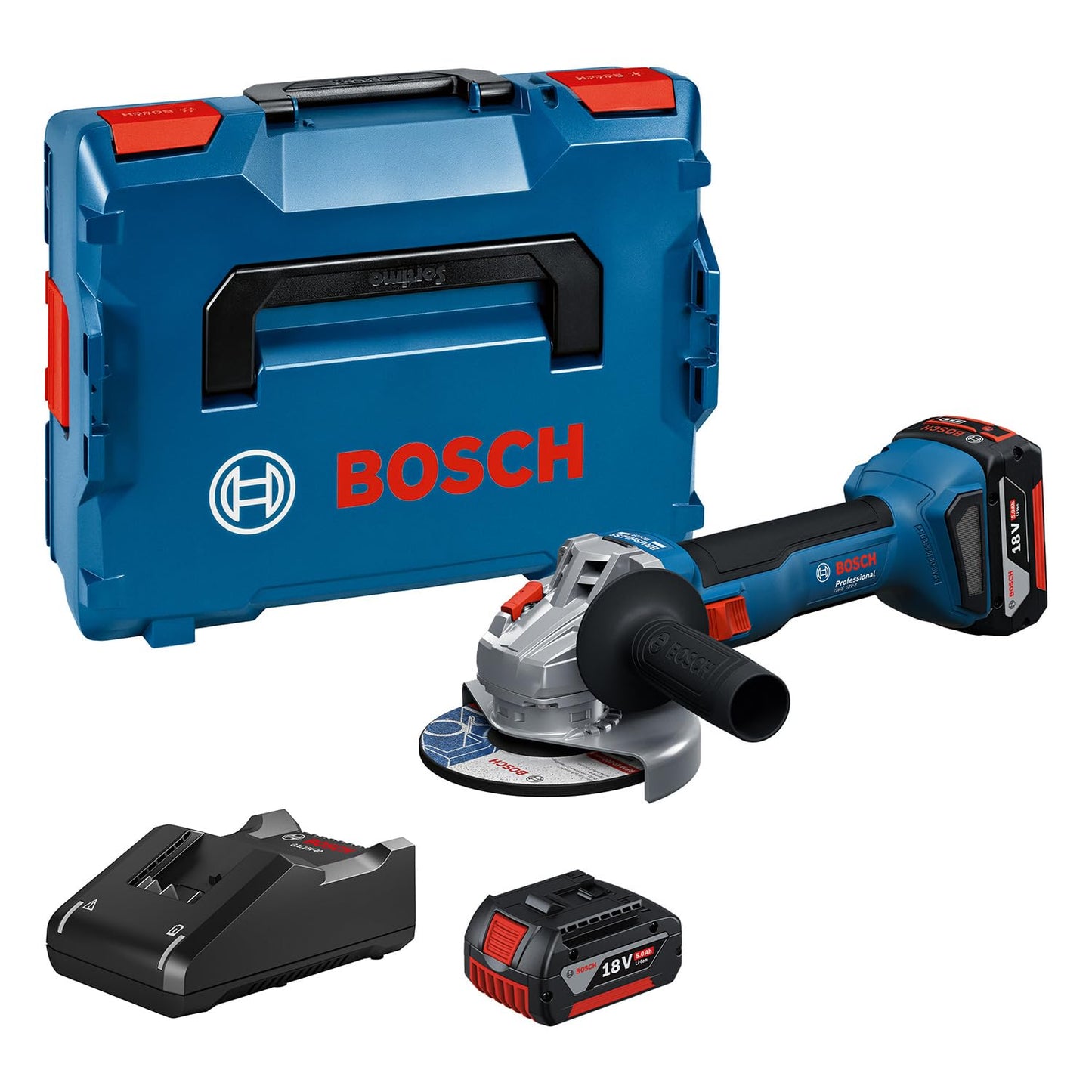 Akku-Winkelschleifer GWS 18V-8 Set mit 2x 5.0Ah Akkus, Scheibendurchmesser 125 mm +2x 18V 5.0Ah + GAL 18V-40 + L-Boxx