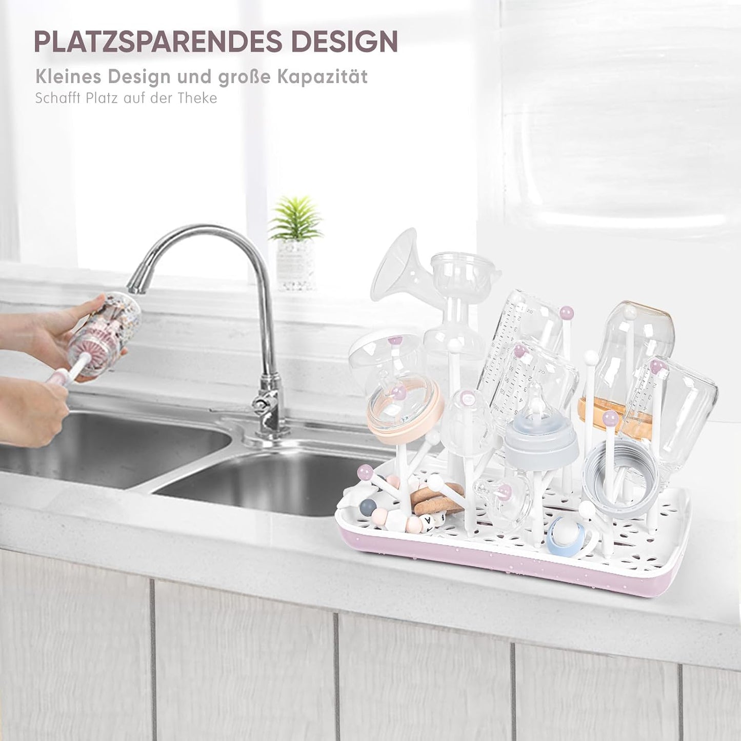 Trockenständer für Babyflaschen mit Abtropfschale, Rosa