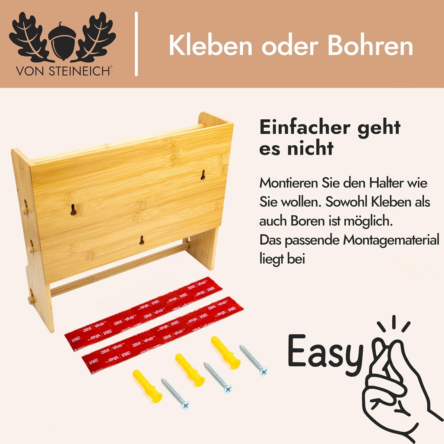 Wandrollenhalter für Küchenrolle, Alufolie & Frischhaltefolie, Bambus-Holz