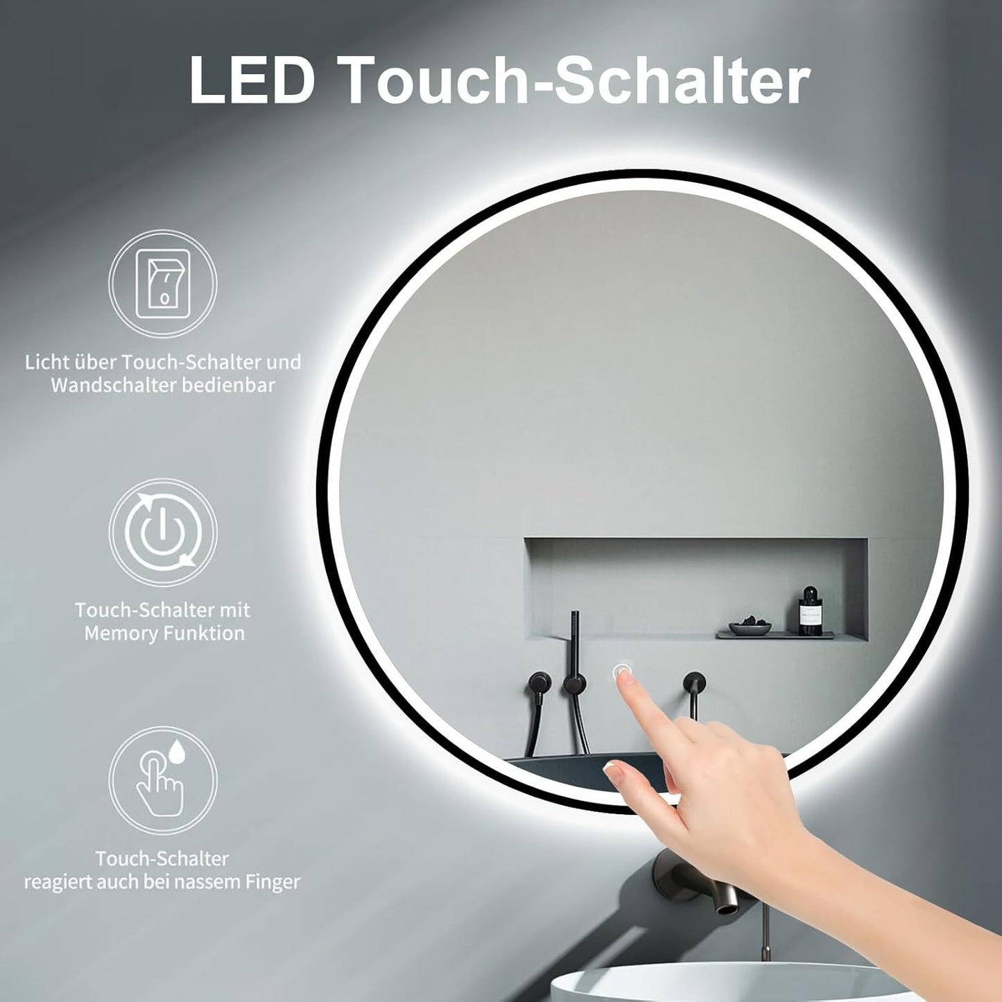 Runder Badspiegel mit LED-Beleuchtung, 60cm, Schwarz 60L x 60B cm