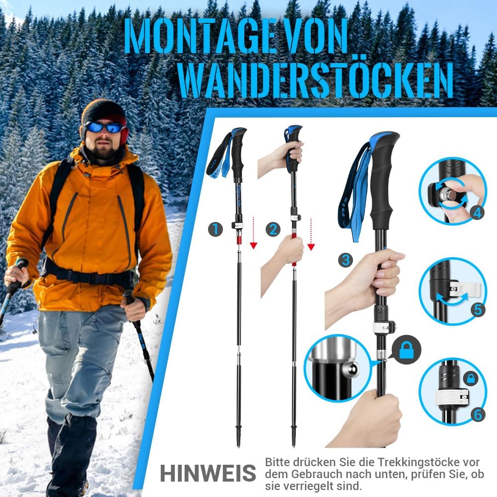 Faltbare Trekkingstöcke stossfest und Höhenverstellbar 110-130 cm, Blau