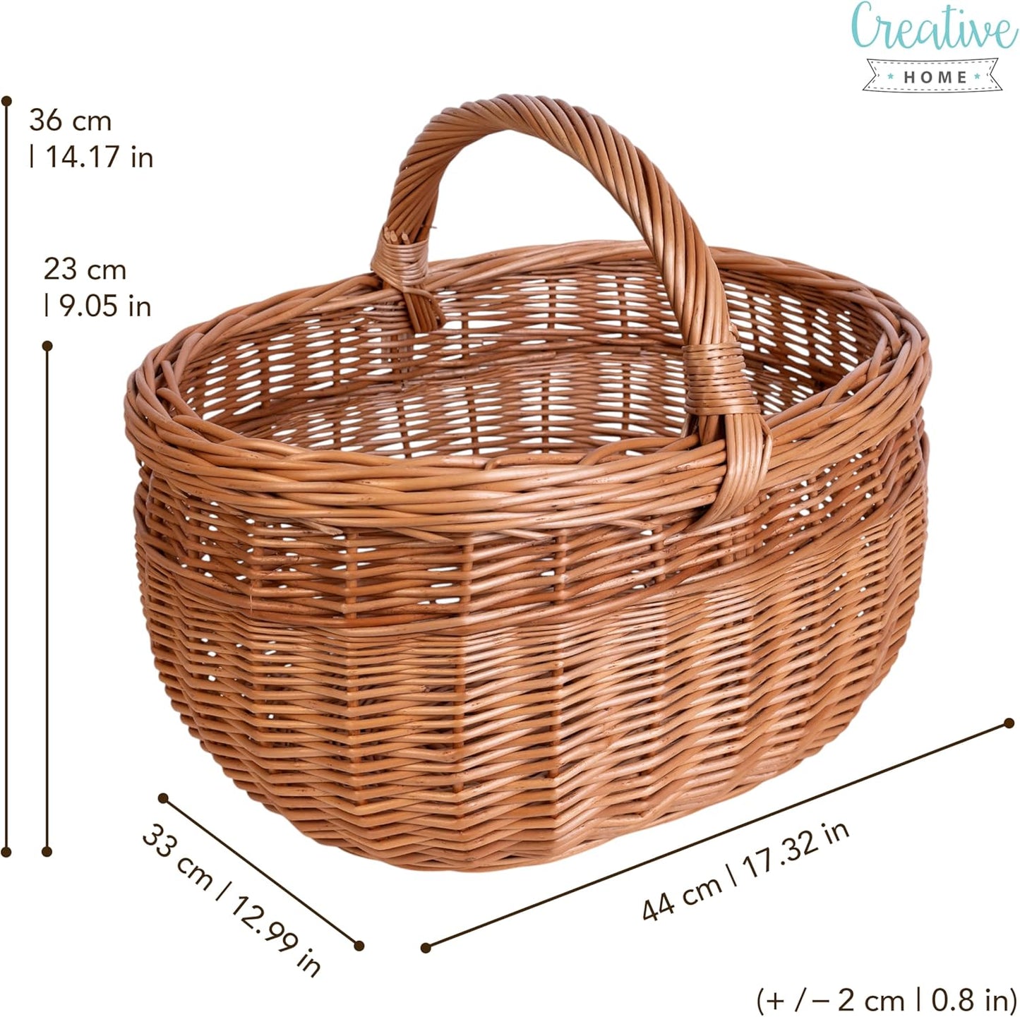 Grosser handgeflochtener Picknickkorb mit Henkel, 44 x 33 x 36 cm, Braun