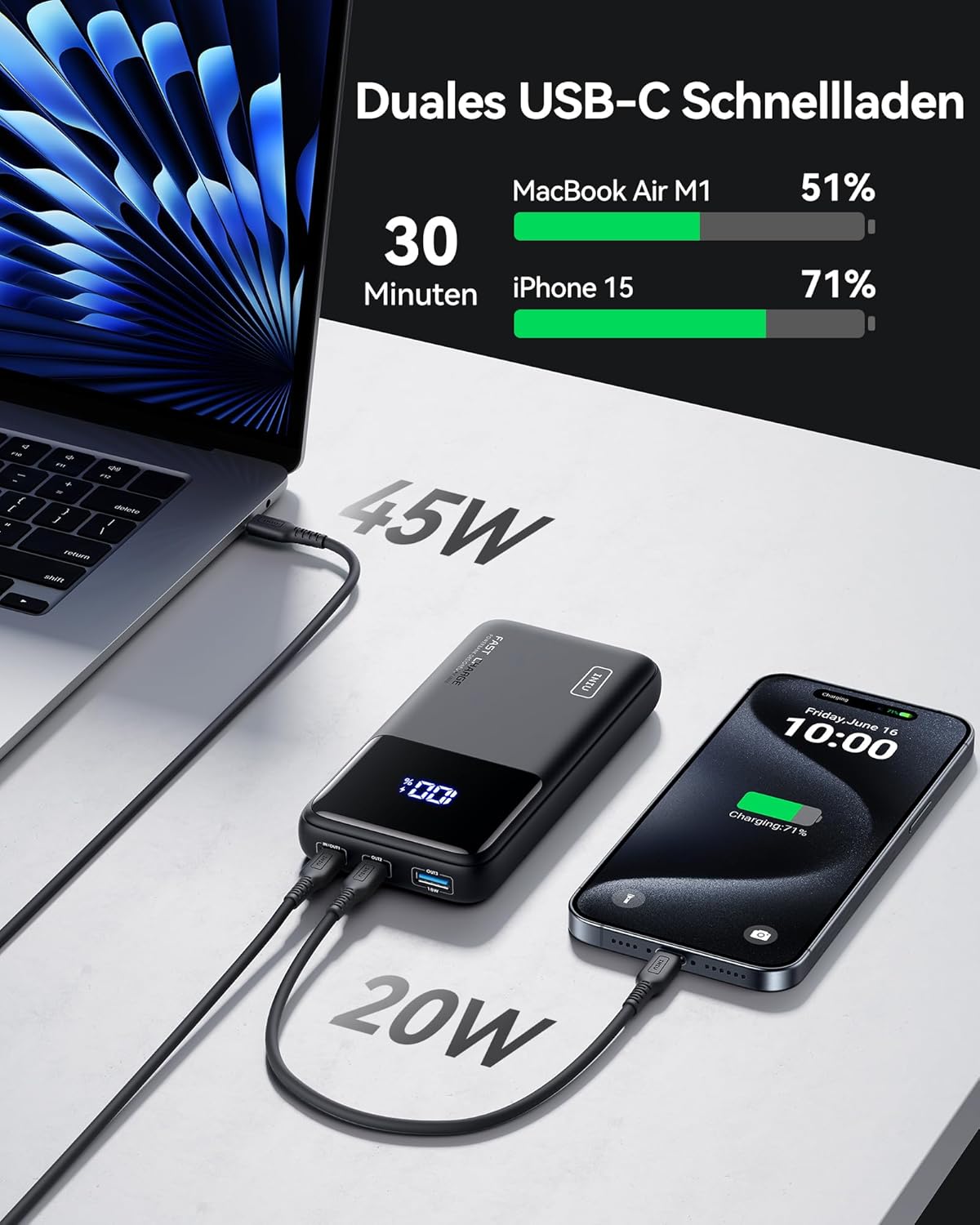 Powerbank 20000mAh, Klassische Grösse ; Schwarz