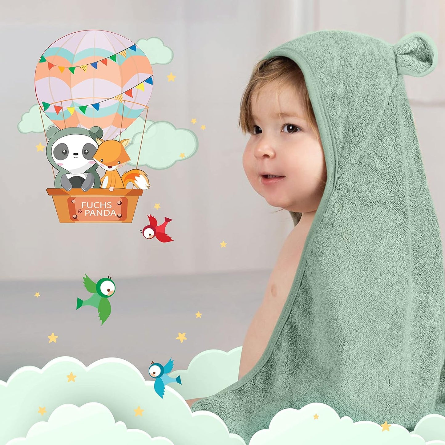 Baby Kapuzenhandtuch mit Ohren, 75x75cm, Kupfer-grün
