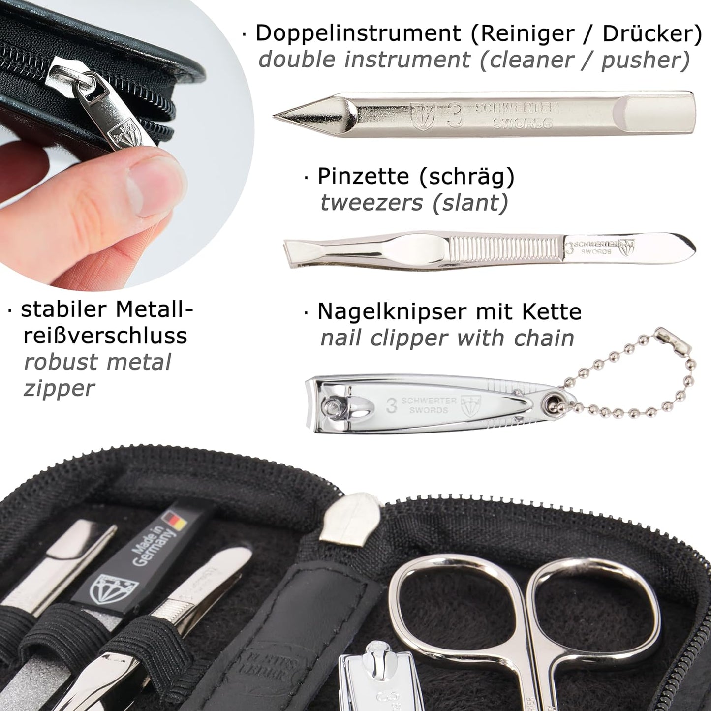 5-teiliges Maniküre-Set Milano, Schwarz - Echt Leder