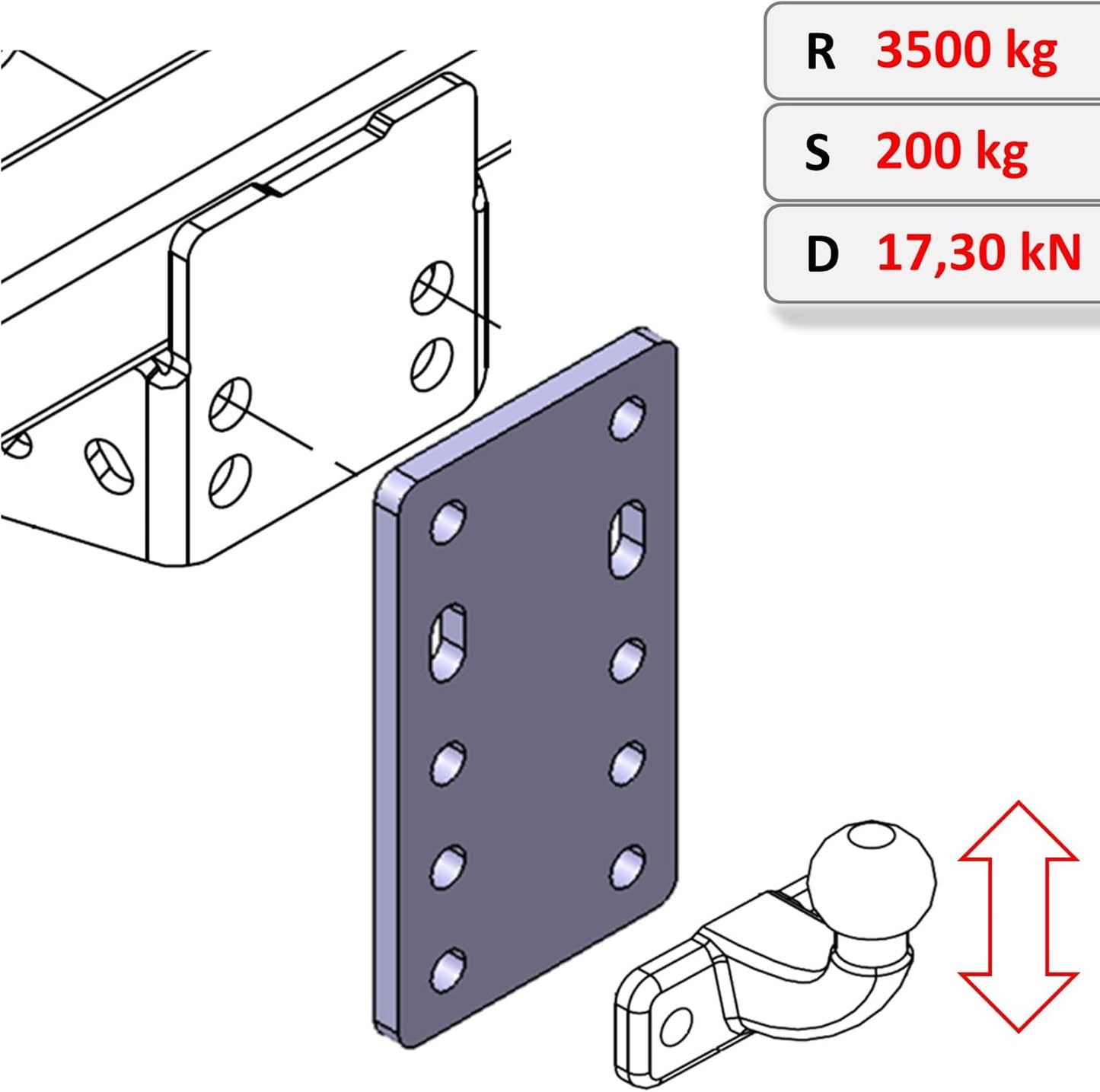 Adapterplatte zur Höhenverstellung für Anhängerkupplung, 5x45 mm ohne Schraubenset für 2 Loch 90mm AHK-Bock