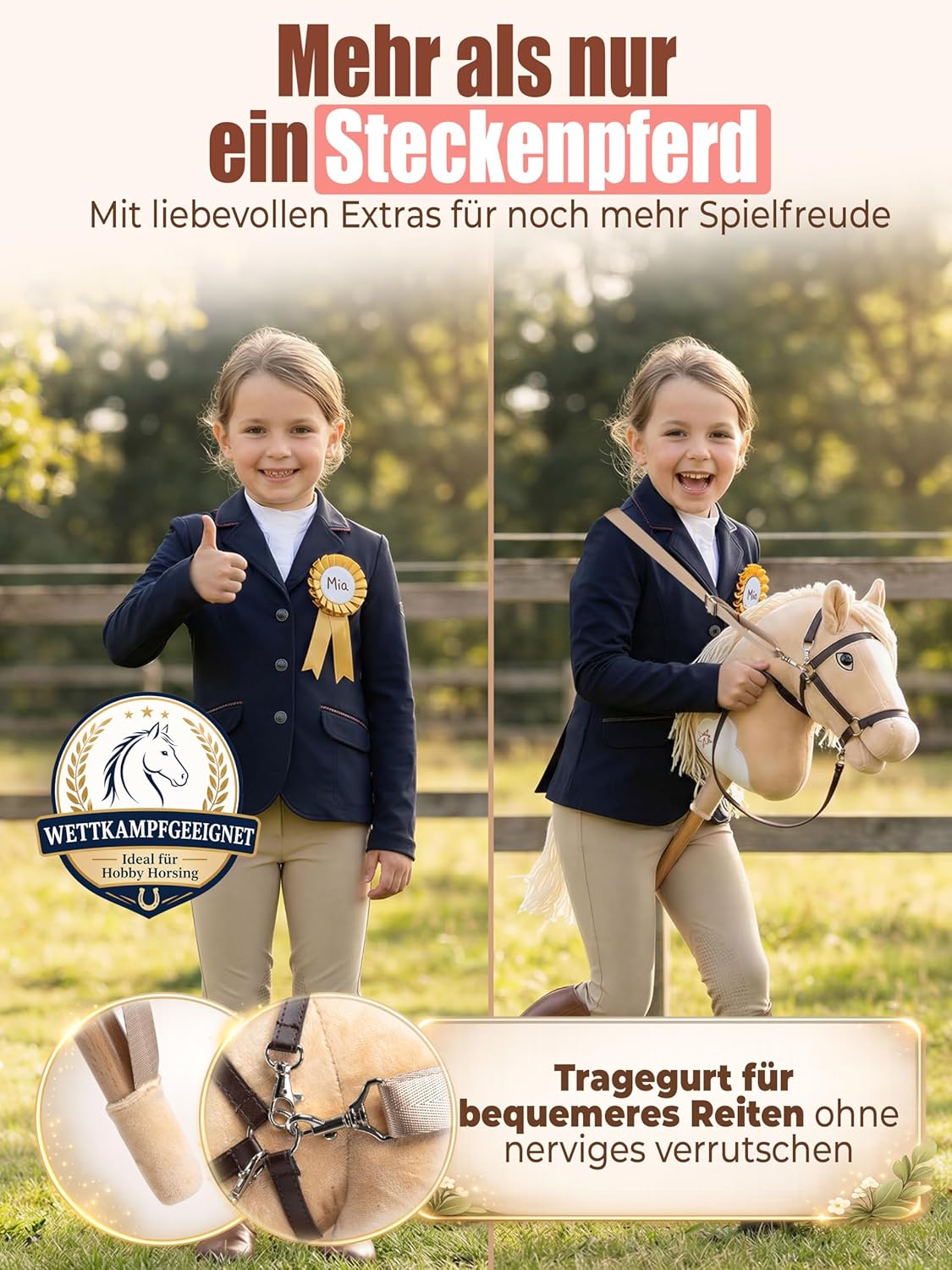 Handgefertigtes Hobby Horse Stockpferd für Kinder, Beige & Weiss