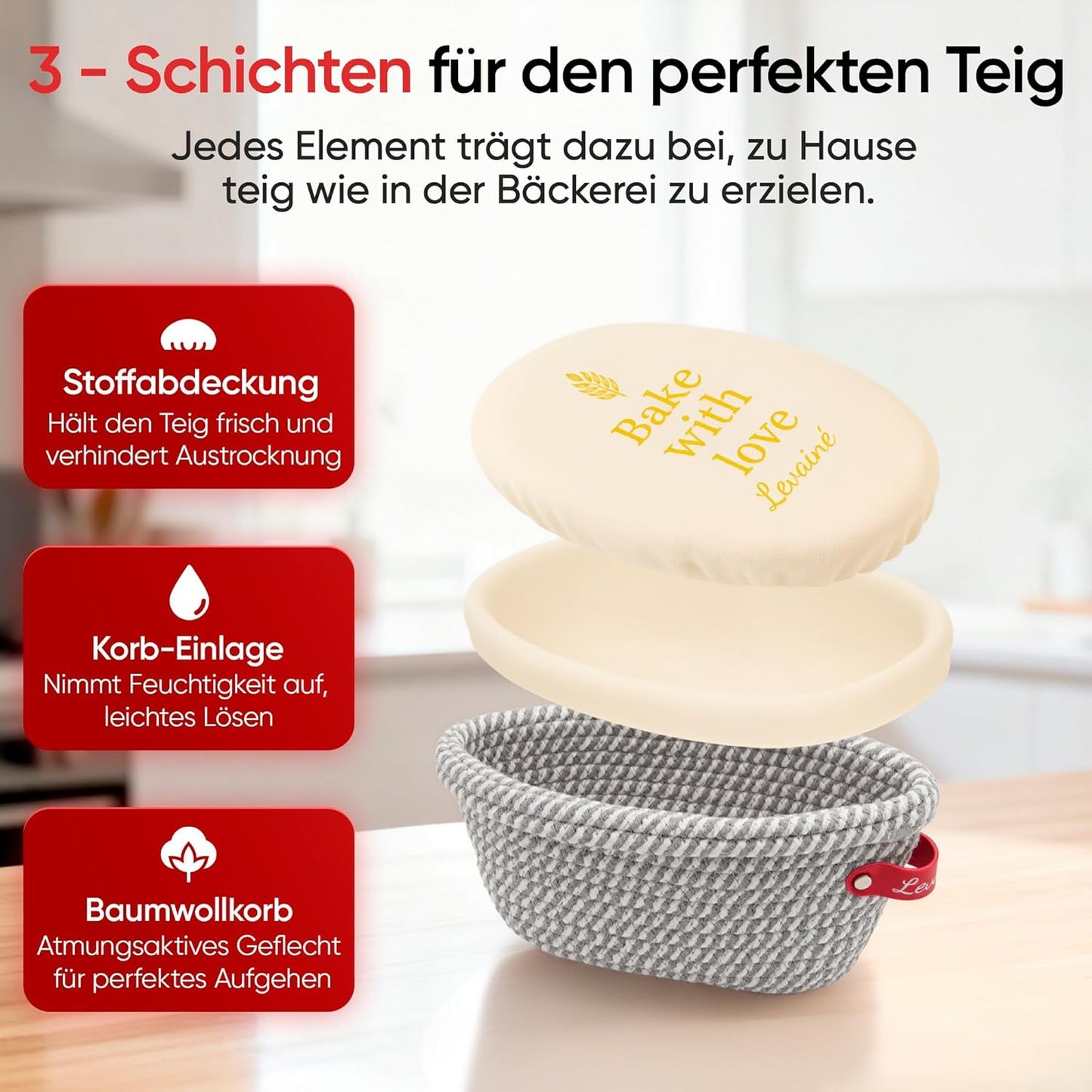 Gärkörbchen-Set für Brotbacken, Grau (Rund) + Grau/Weiss (Oval)