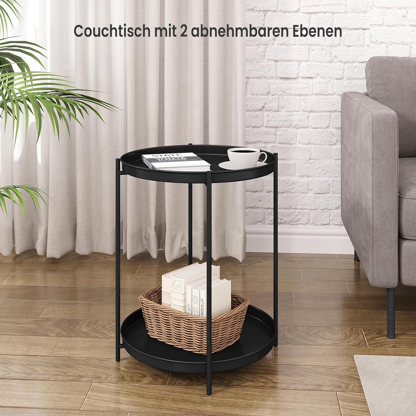 Beistelltisch mit Stauraum und abnehmbaren Tabletts, 44 x 53 cm (φ x H) Schwarz