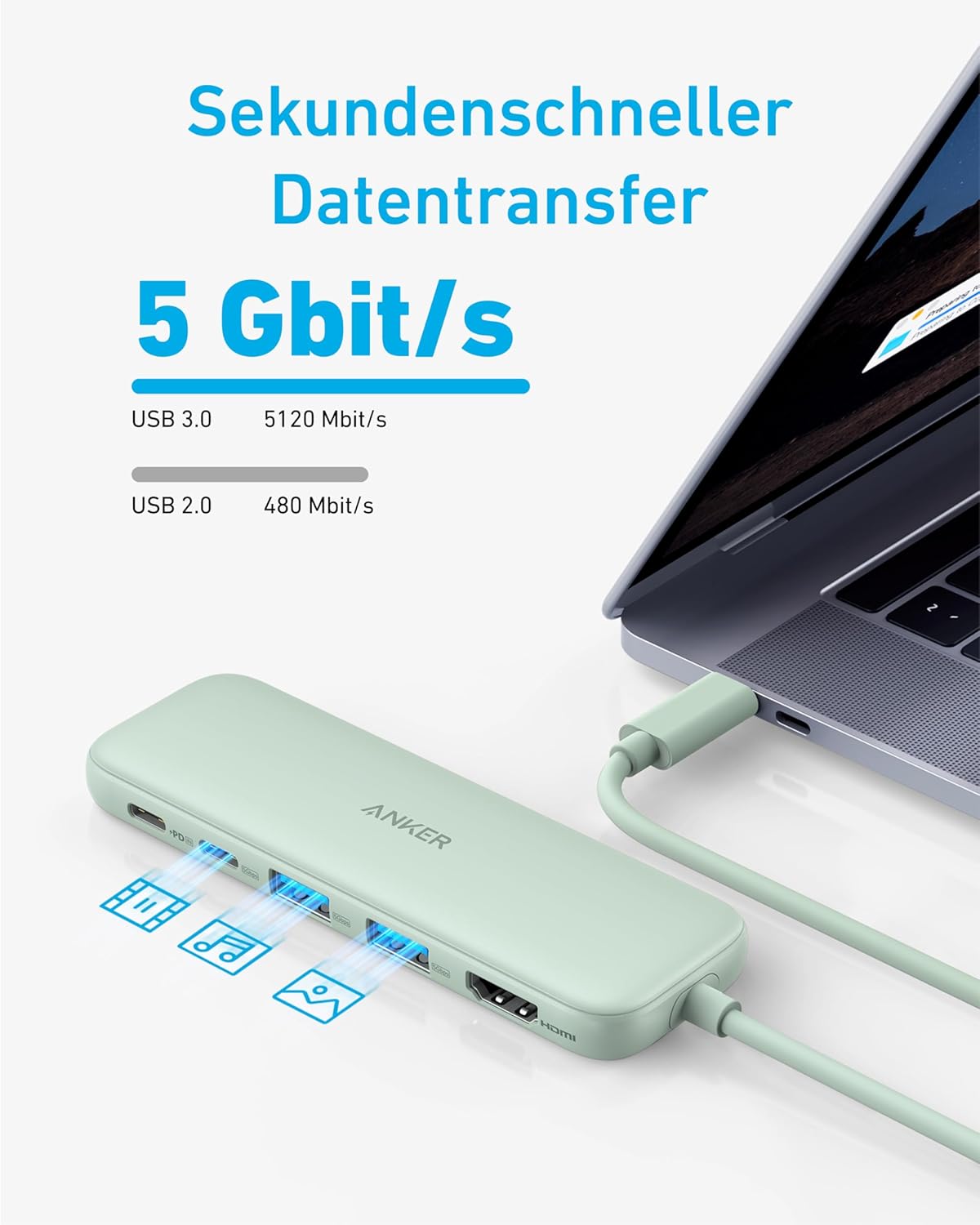 USB-C Hub mit 4K HDMI und 5Gbps Datenanschluss, Grün