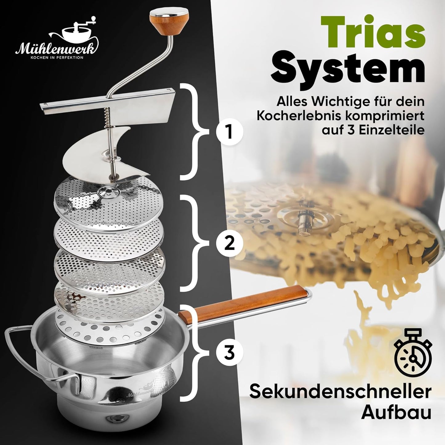 Passiermühle mit 5 Siebeinsätzen, Mit mehr Lochscheiben