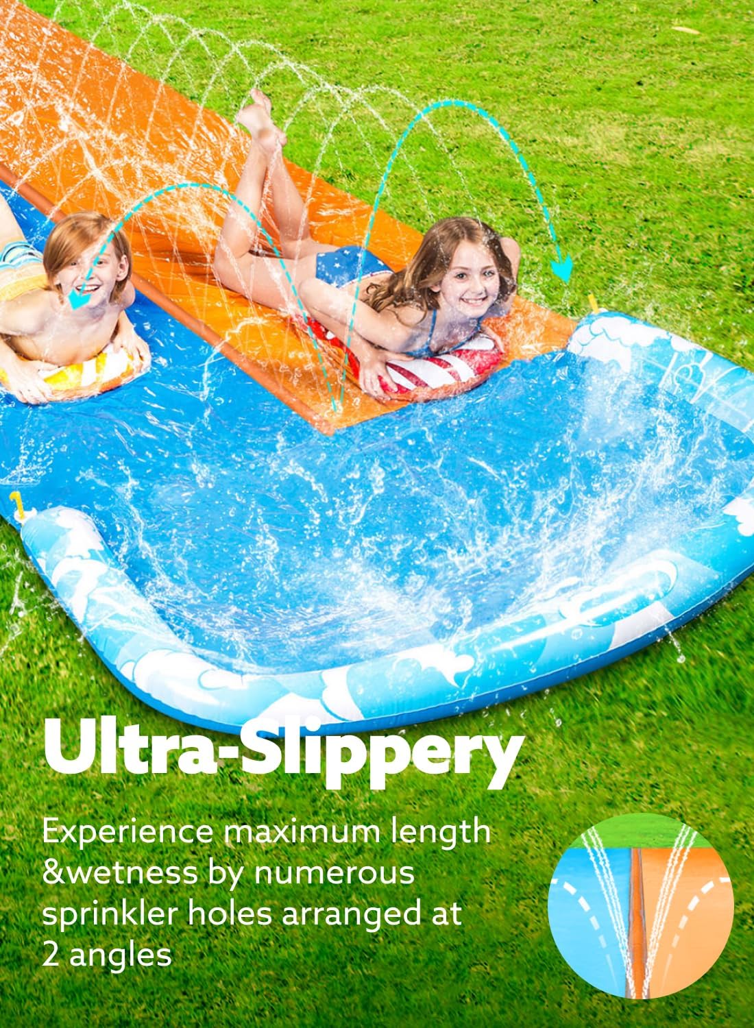 Ultralange Rasen-Wasserrutsche mit Sprinkler (32,5ft), 990,6cm Ultra Long Doppelspur