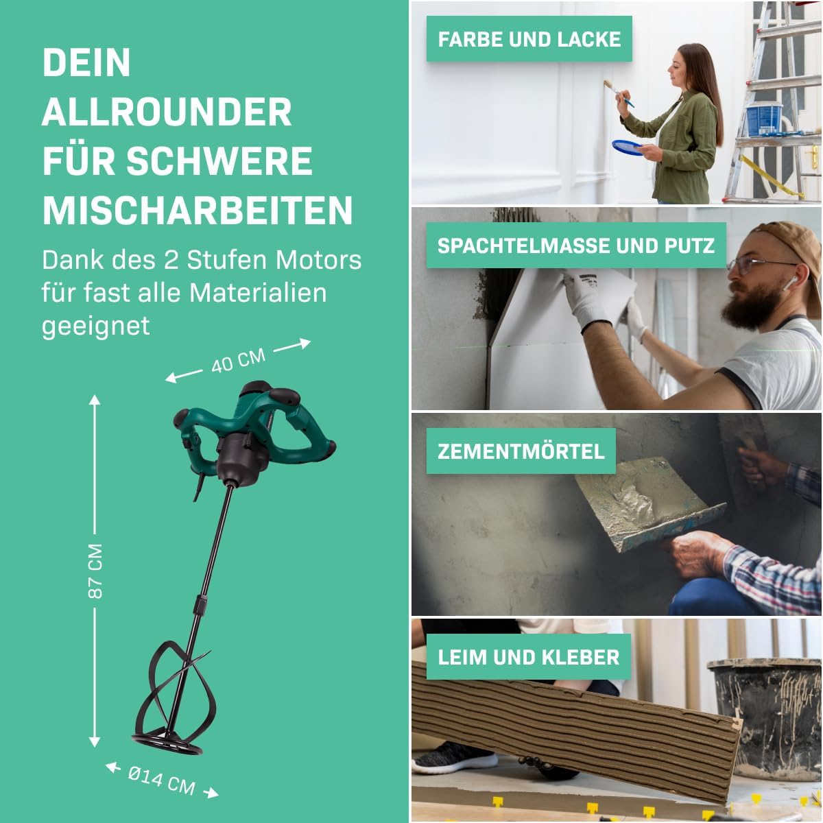 Mörtelrührer mit Rührwerk und Sanftanlauf, 1800 Watt