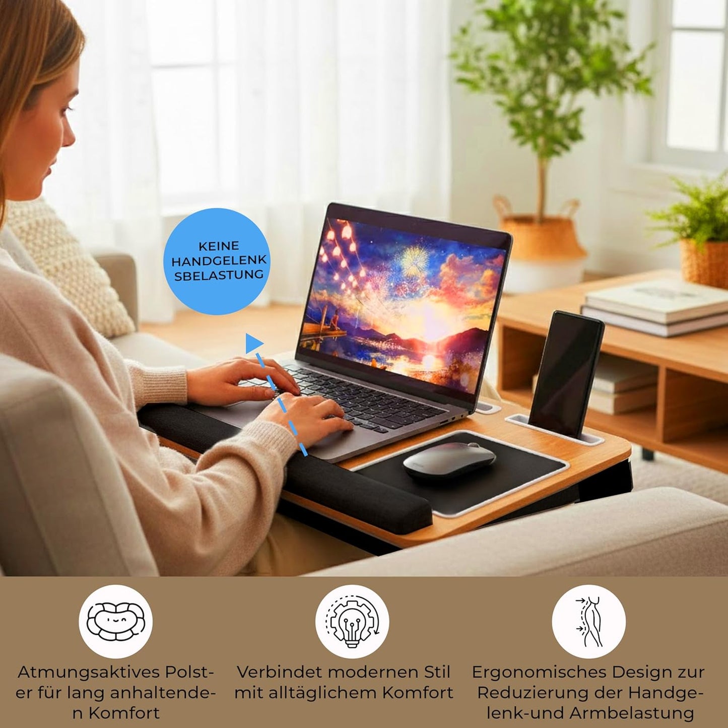 Knietablett mit Kissen & Handyhalter für Laptops, Schwarz