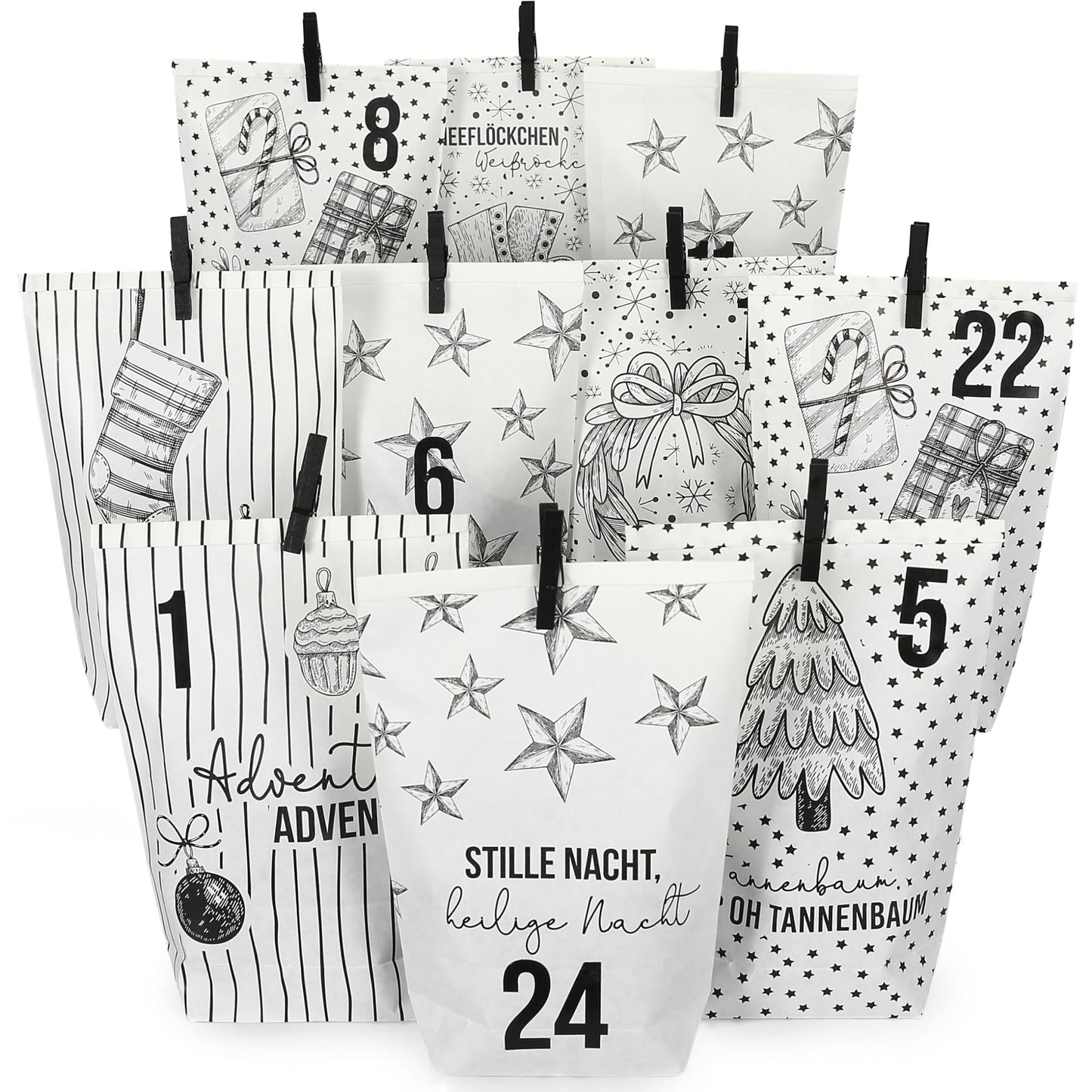 Adventskalender zum Befüllen mit 24 Tüten und Zahlenaufklebern, Weiss Schwarz