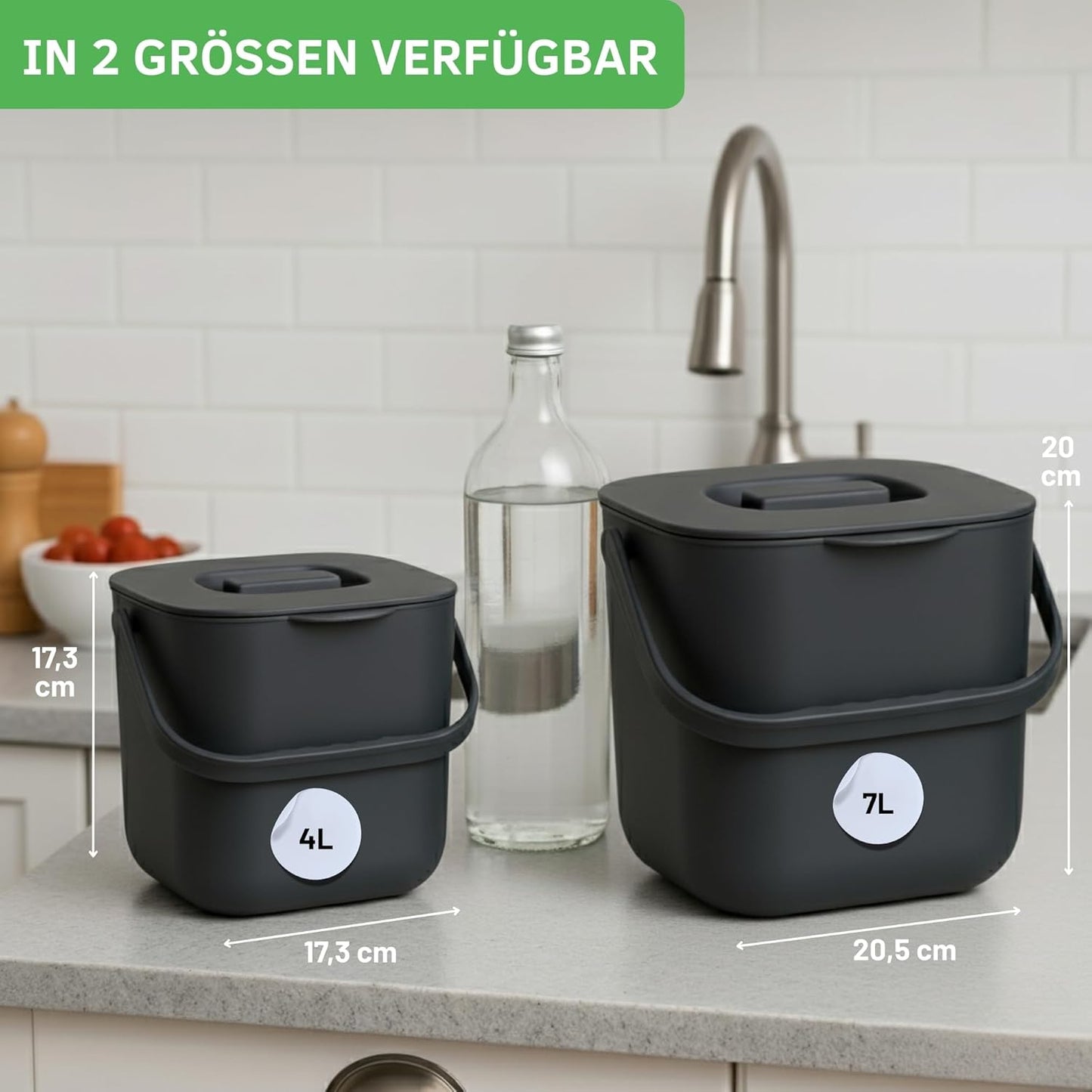Spülmaschinenfester Biomülleimer mit Deckel und Sieb, 7 Liter Anthrazit