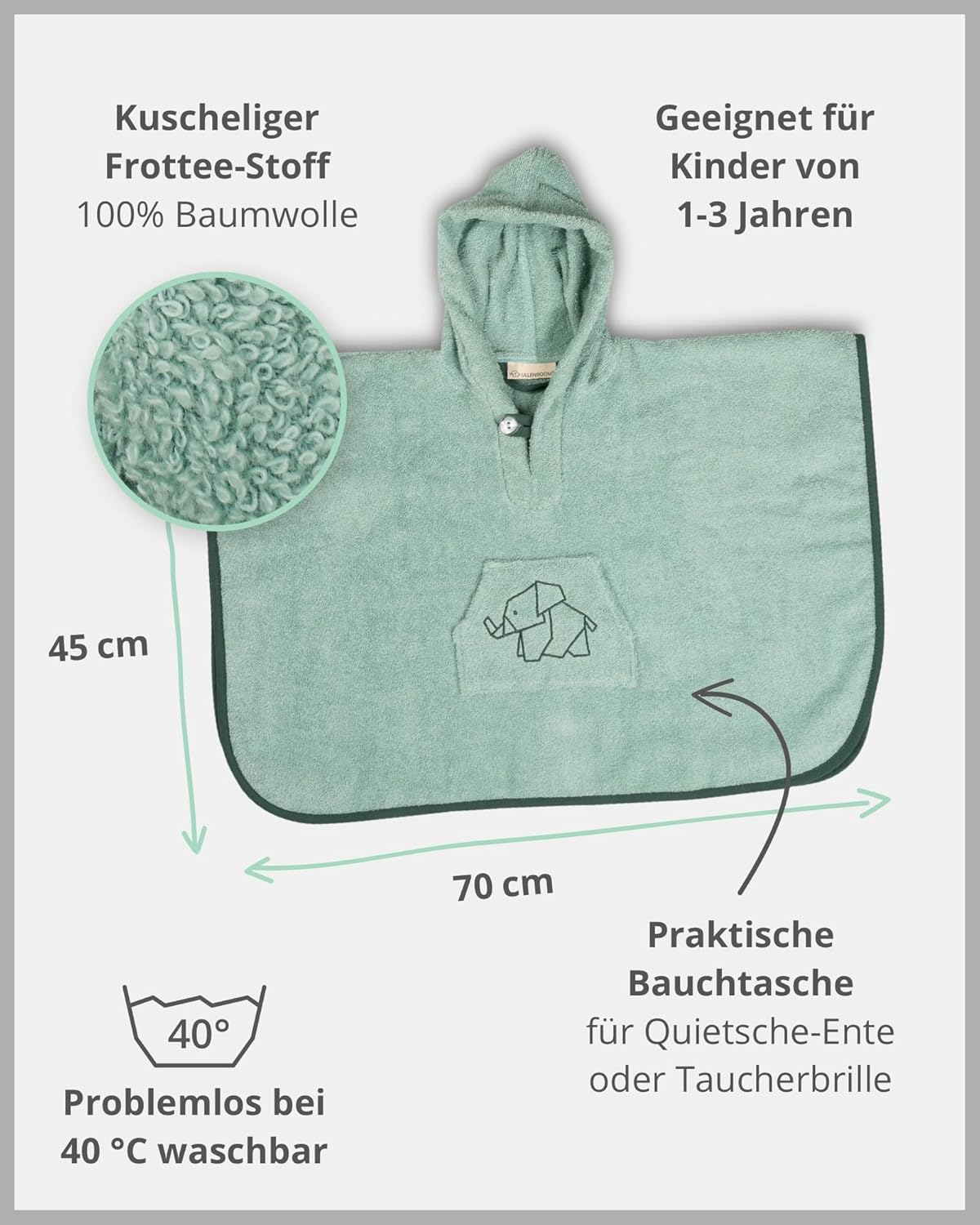 Badeponcho für Babys und Kinder, Salbeigrün 1-3 Jahre