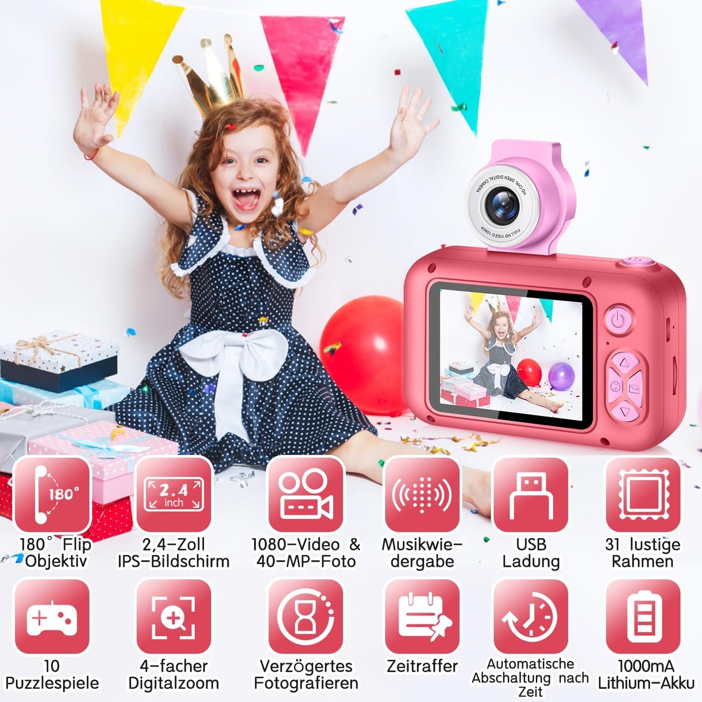 Kinderkamera mit 180° Flip-Objektiv & IPS-Bildschirm, Rosenrot