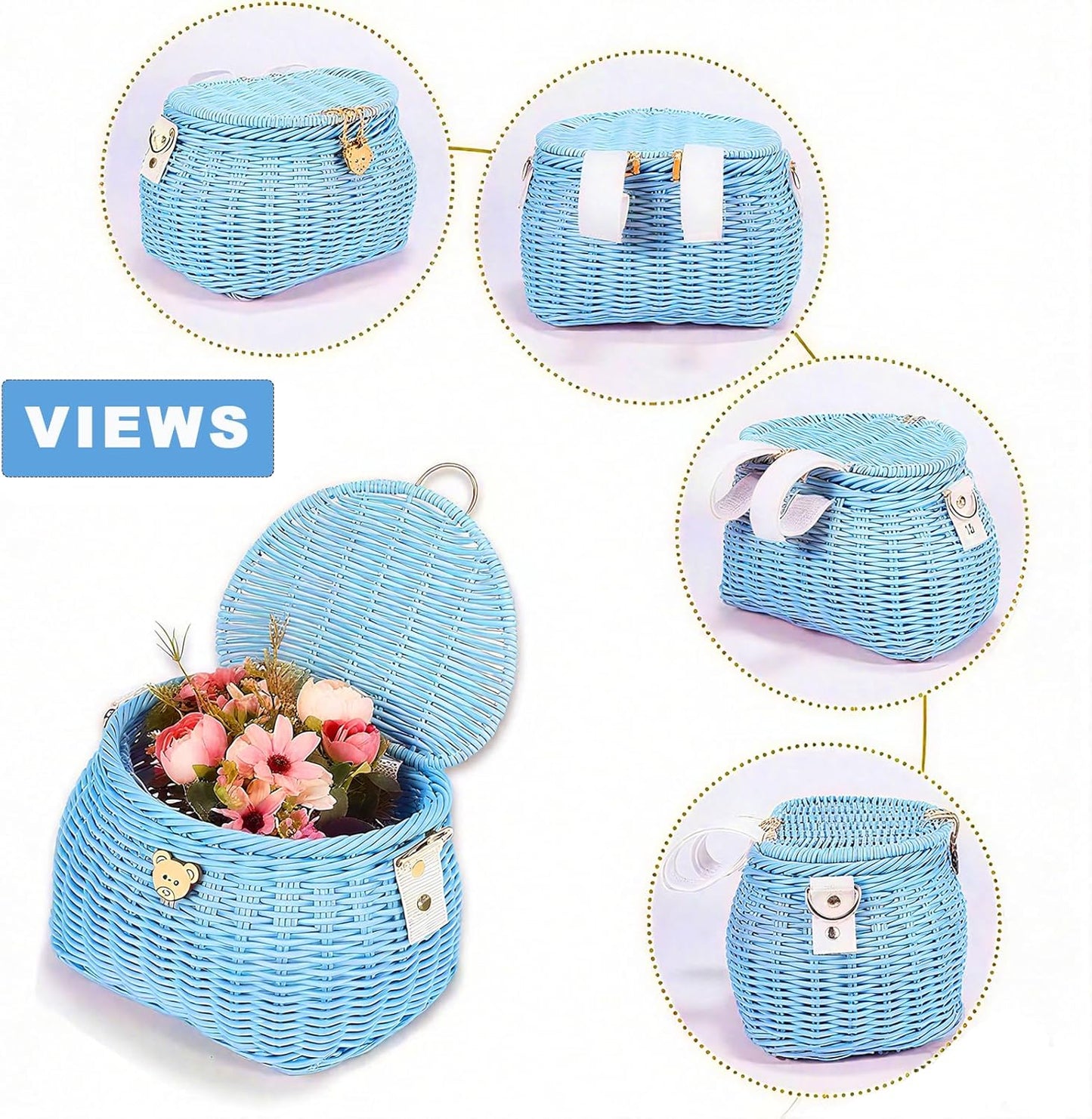 Abnehmbarer Kinderfahrradkorb, Rattan-Design, Blau