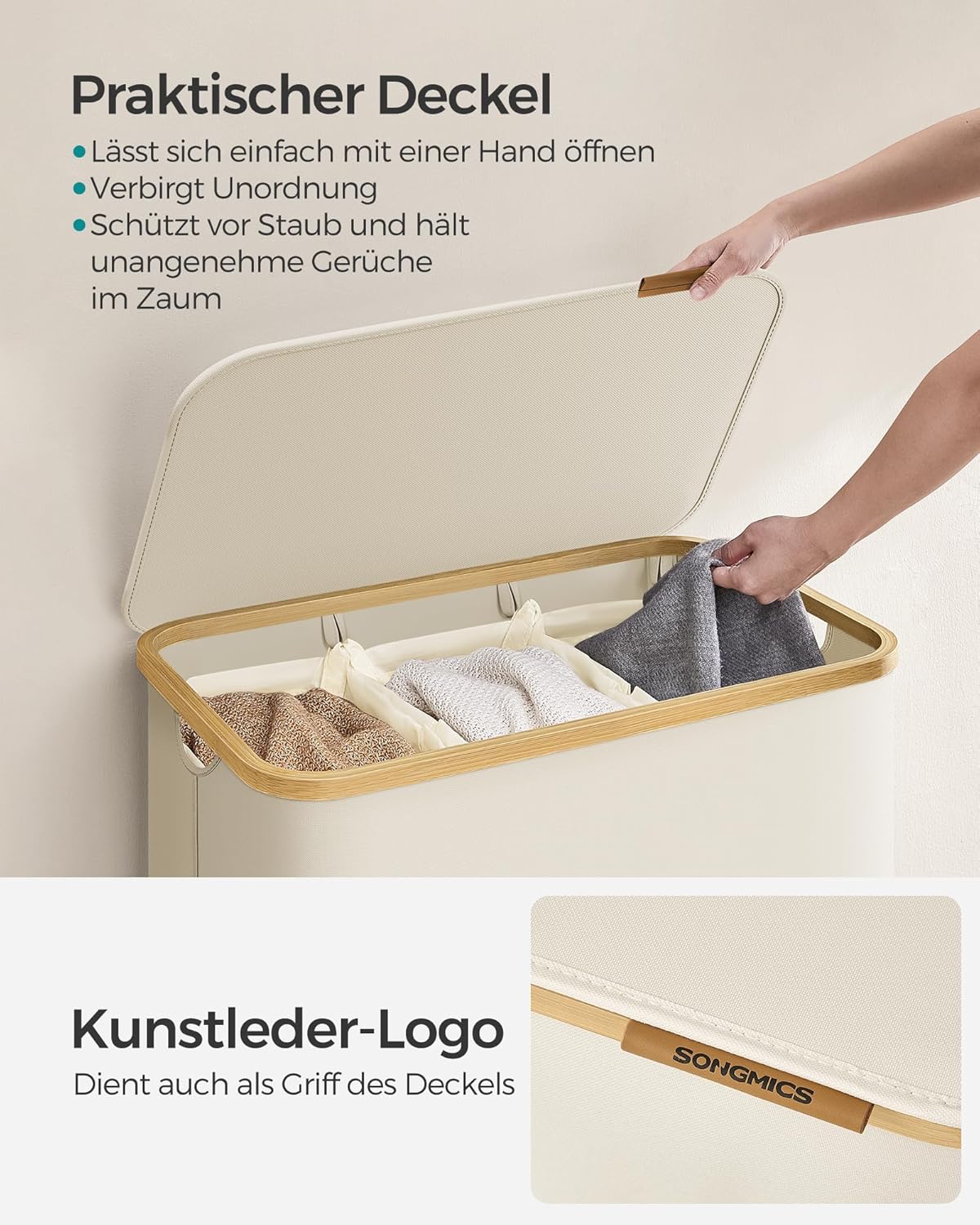 Wäschesammler mit Deckel und 3 Fächern, 150 L (3 Fächer) Cremeweiss