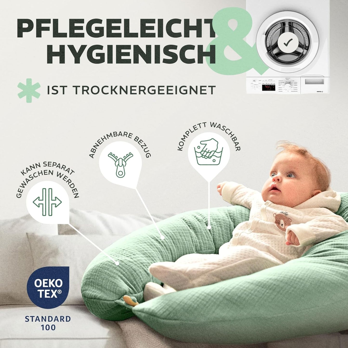 XXL-Stillkissen mit Musselin-Bezug, 190x35 cm, Musselin Mint Stillkissen 190x30
