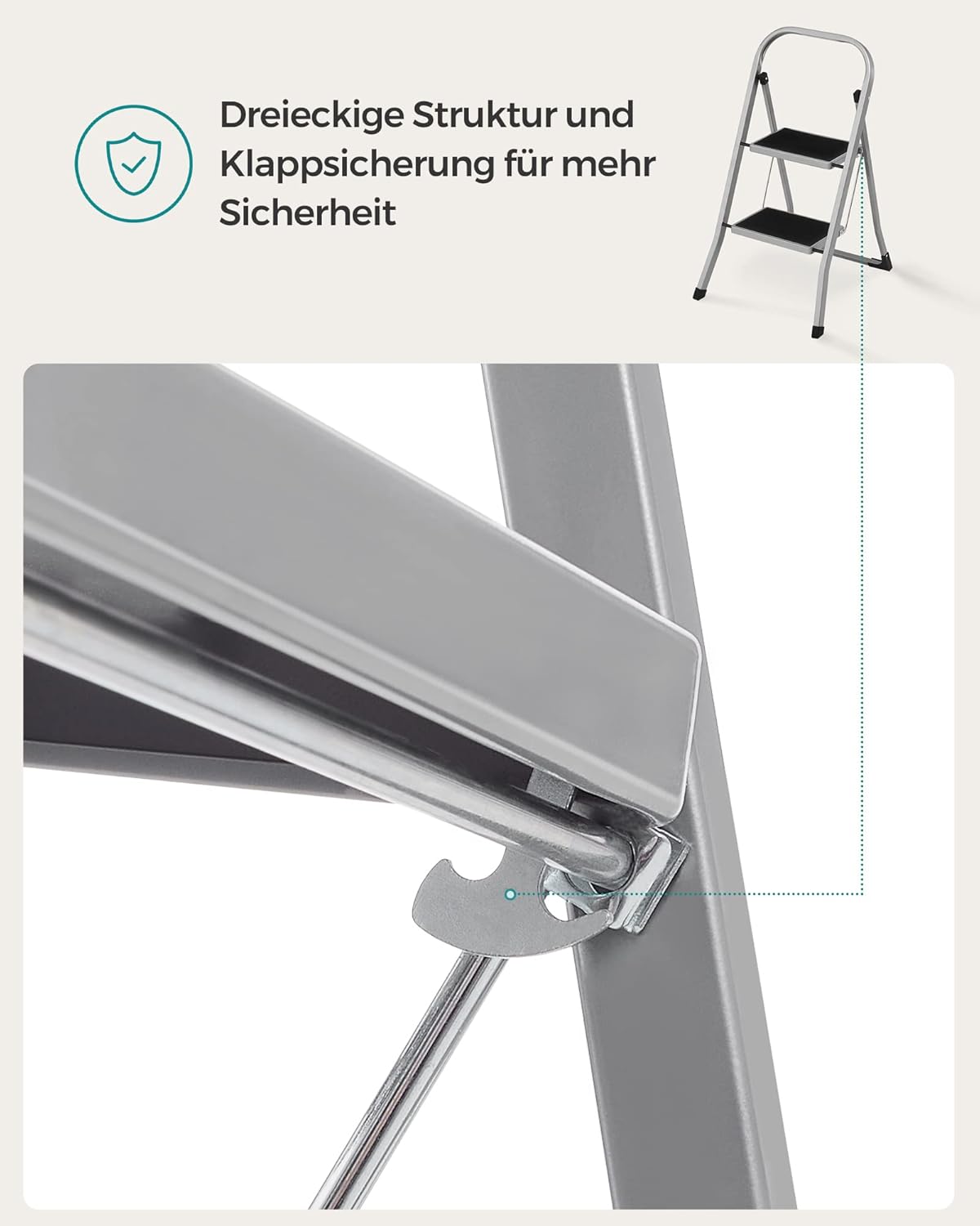 Trittleiter mit 2 Stufen, klappbar bis 150 kg, 2 Stufen (55T x 45,5B x 82H cm), Taubengrau