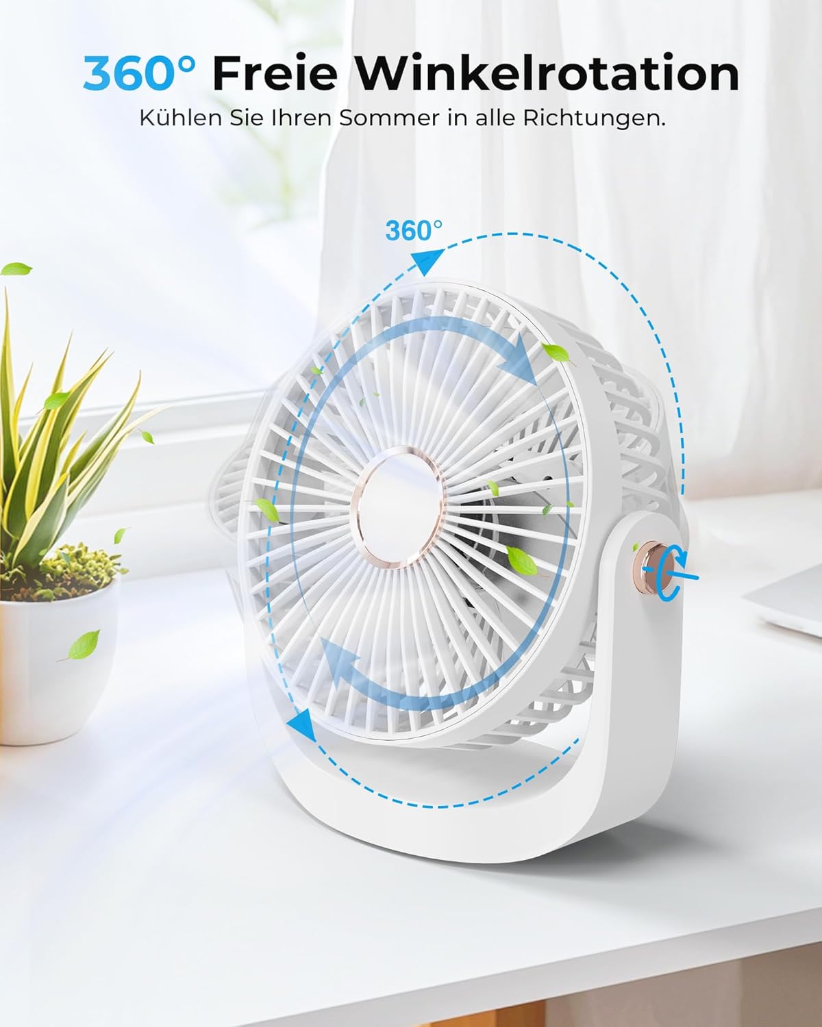 Leiser Tischventilator mit Nachtlicht und USB-Ladung, Weiss