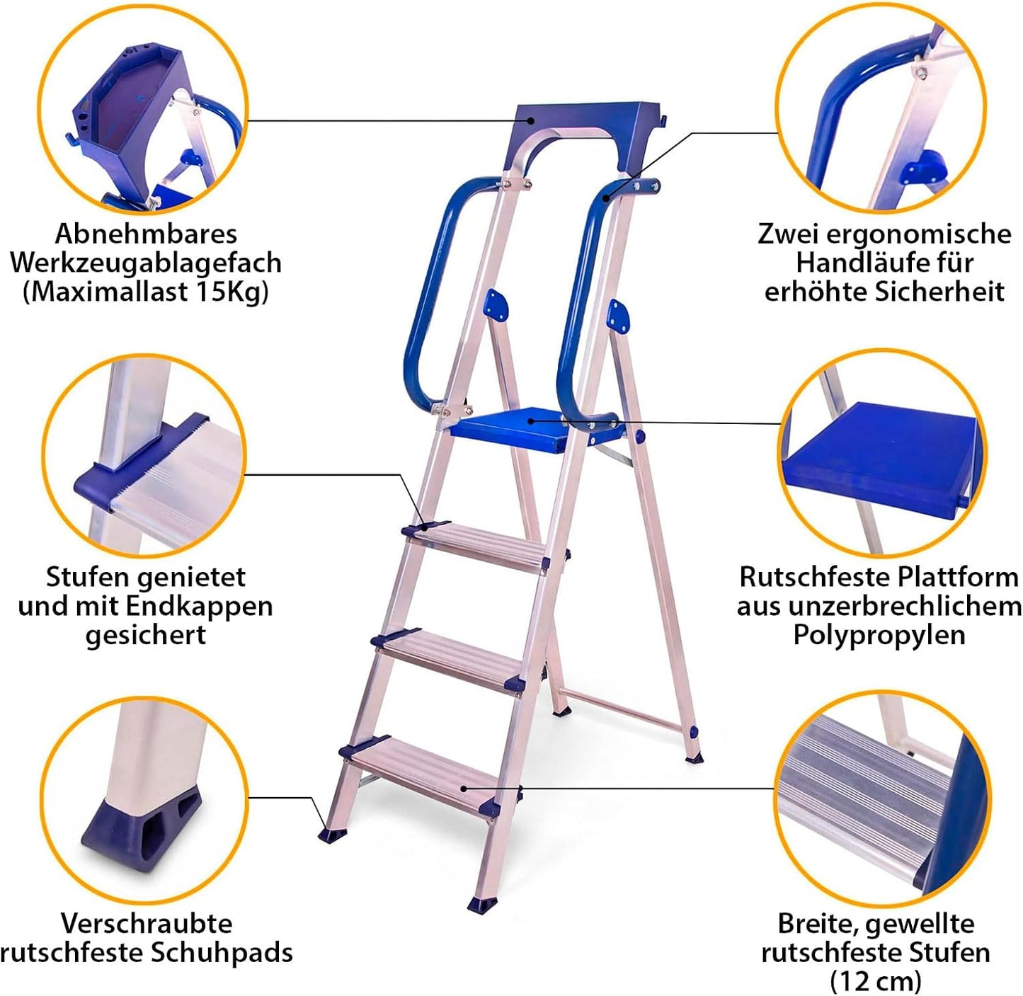 4-stufige Trittleiter mit Werkzeugablage