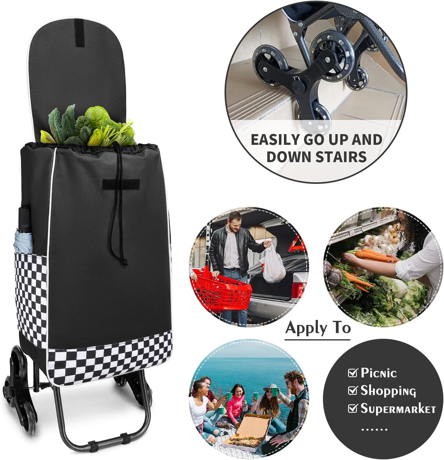 Klappbarer Treppensteiger-Einkaufstrolley mit abnehmbarer Tasche, Schwarz