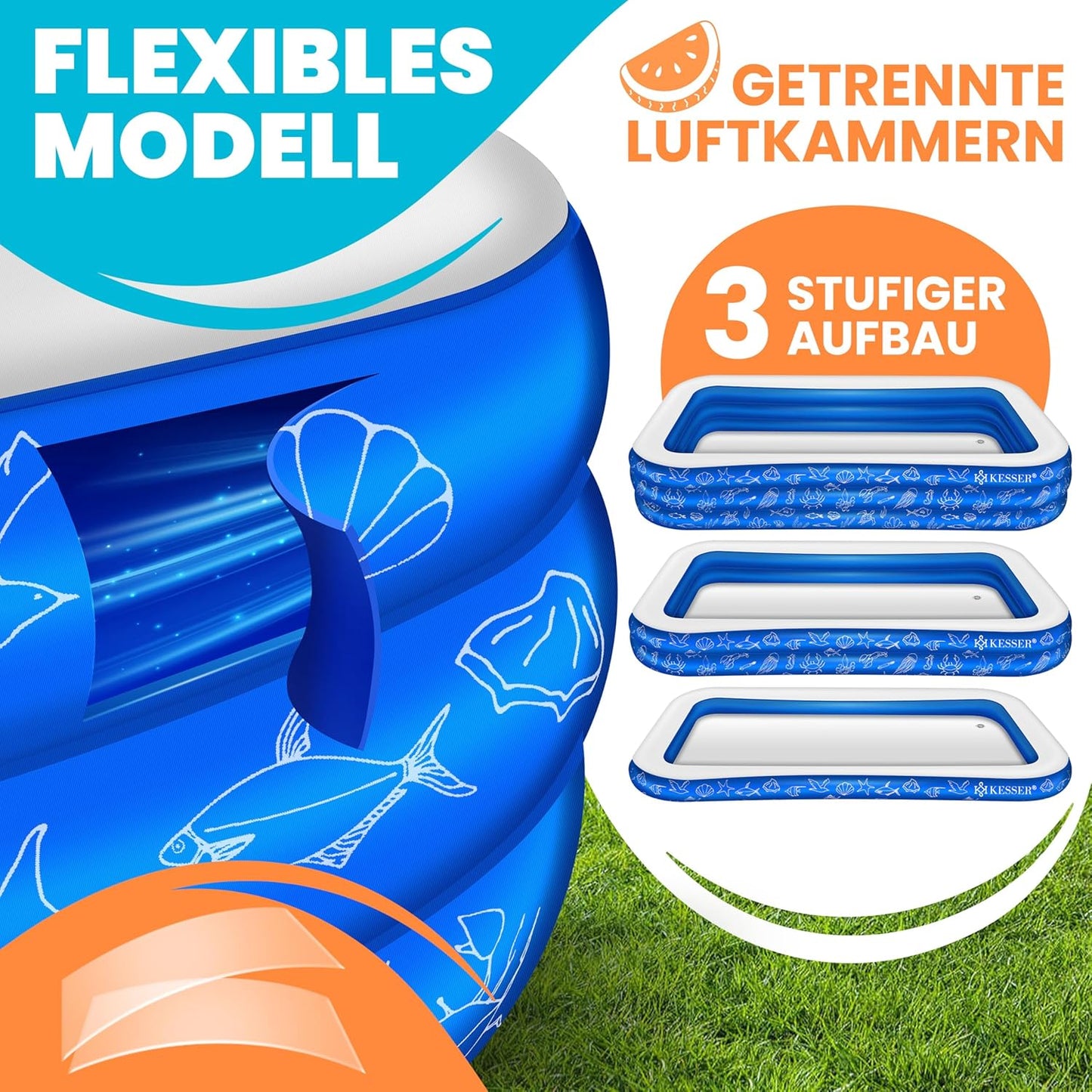 Aufblasbarer Familienpool 305x183x56 cm, Blau 3 Meter