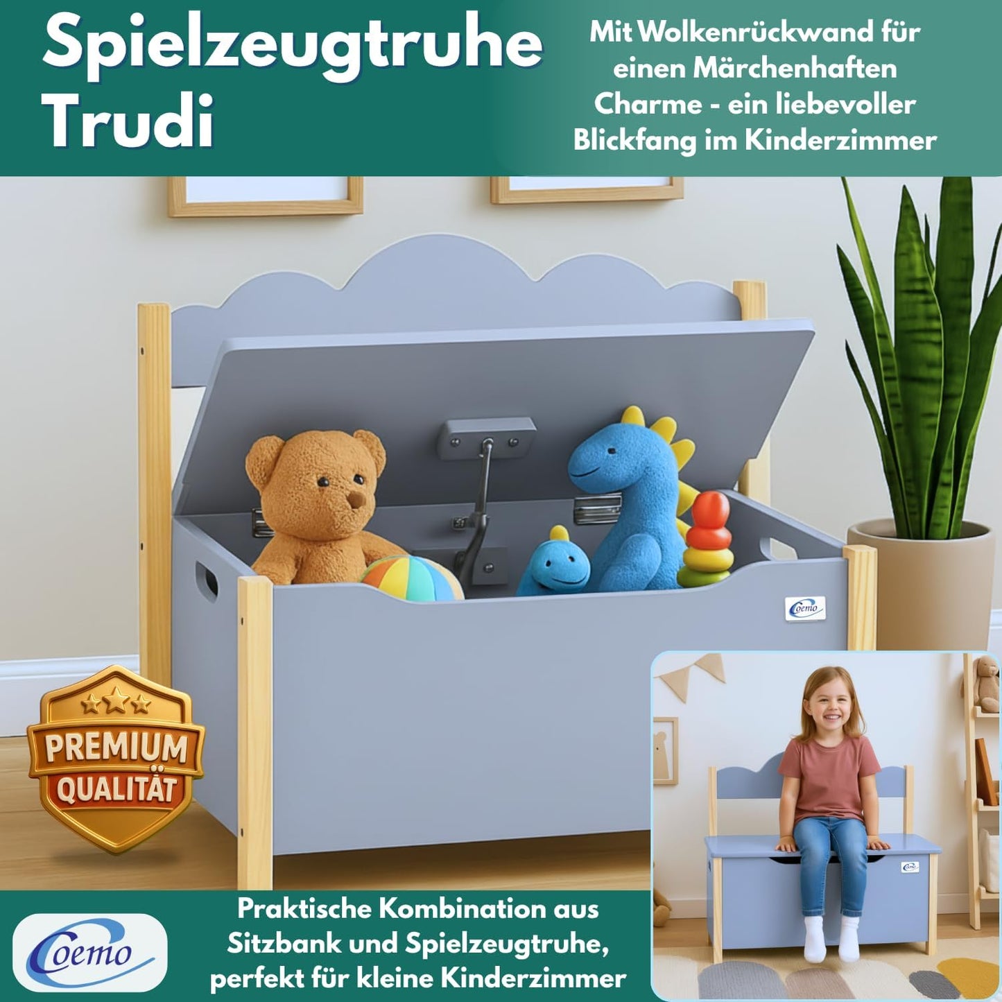 Holztruhe Trudi mit Sitzbank, Grau