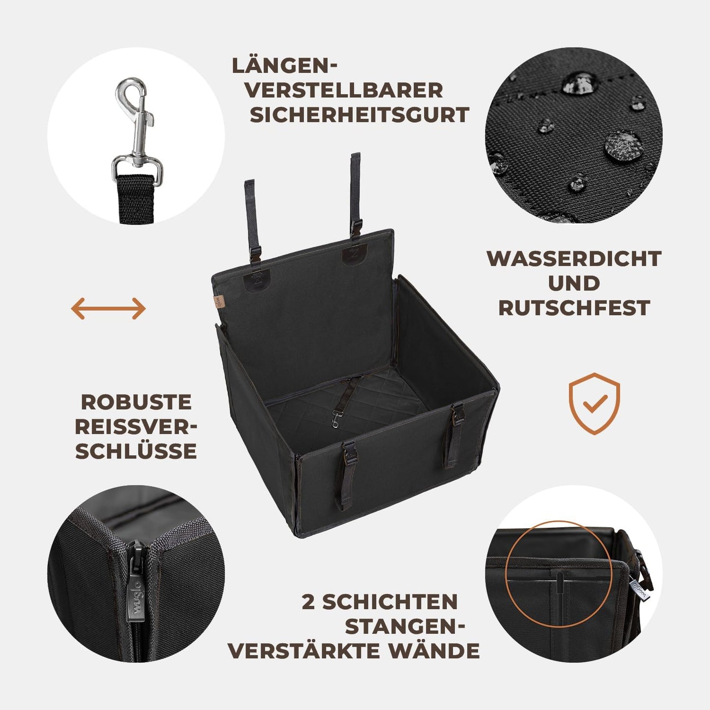 Extra Stabiler Hundeautositz mit Sicherheitsgurt, M Schwarz