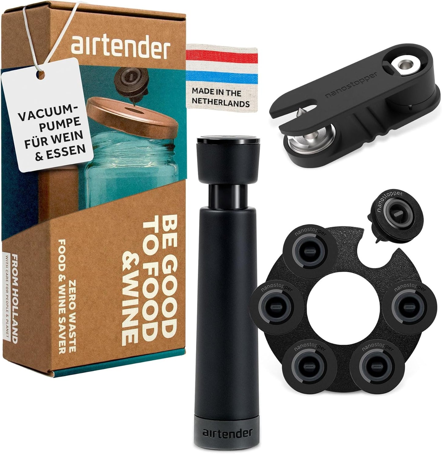 Vakuum-Pumpe-Set für Flaschen & Einmachgläser, Schwarz