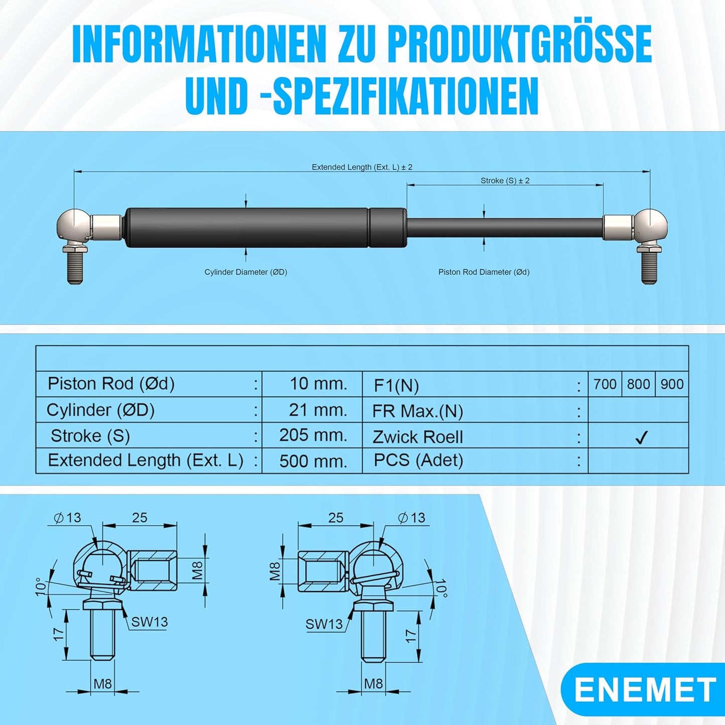 Gasdruckfeder für Türen & Kofferraum (500mm, 500N), 500 MM 500N