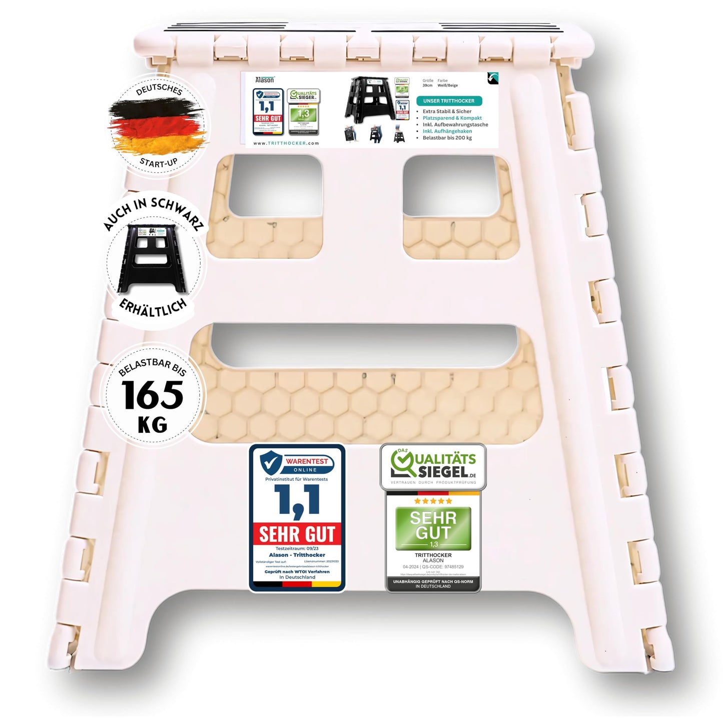 Klappbarer Tritthocker, Weiss/Beige 32cm Hoch