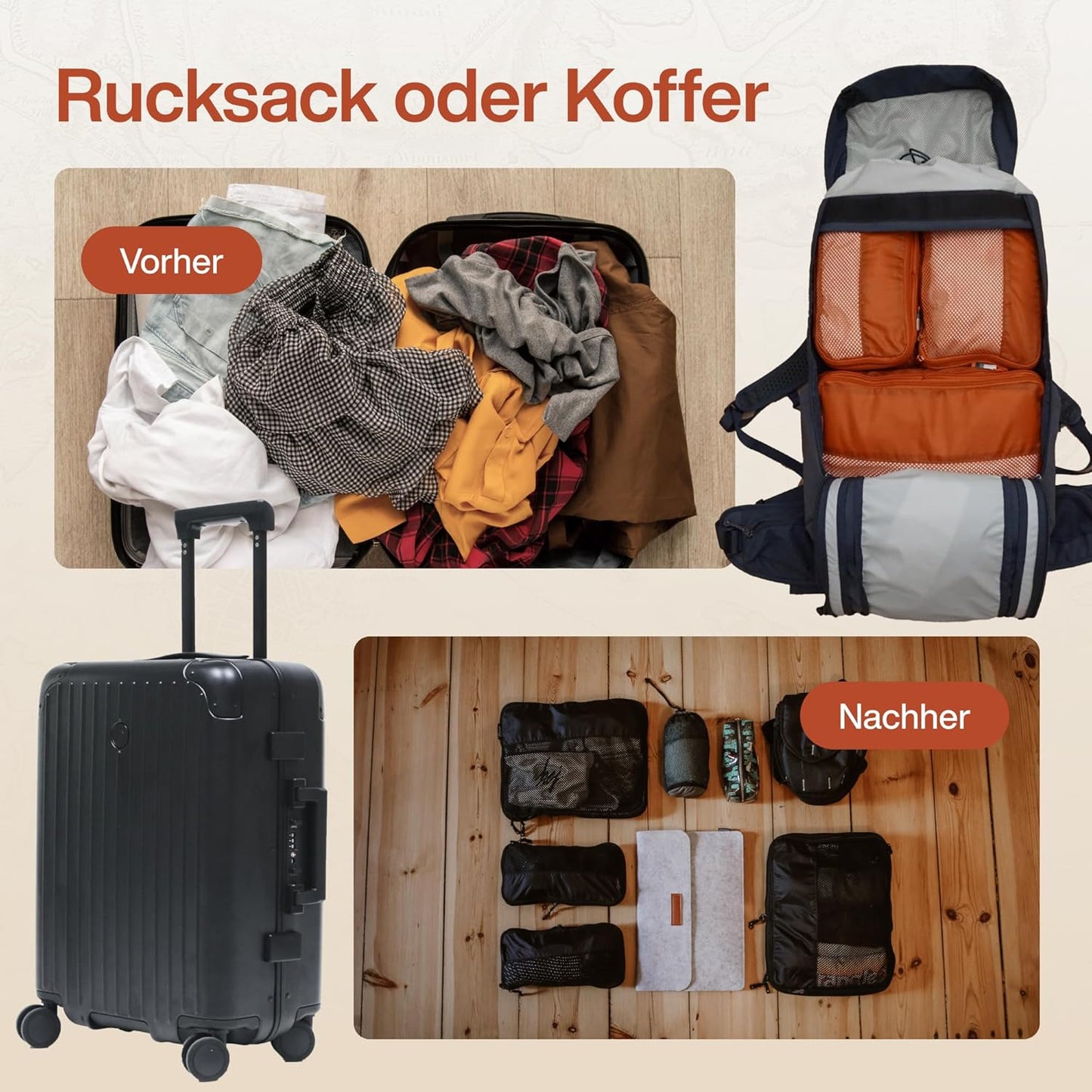 7-teiliges Packwürfel-Set, 7-teiliges Set Sand Beige