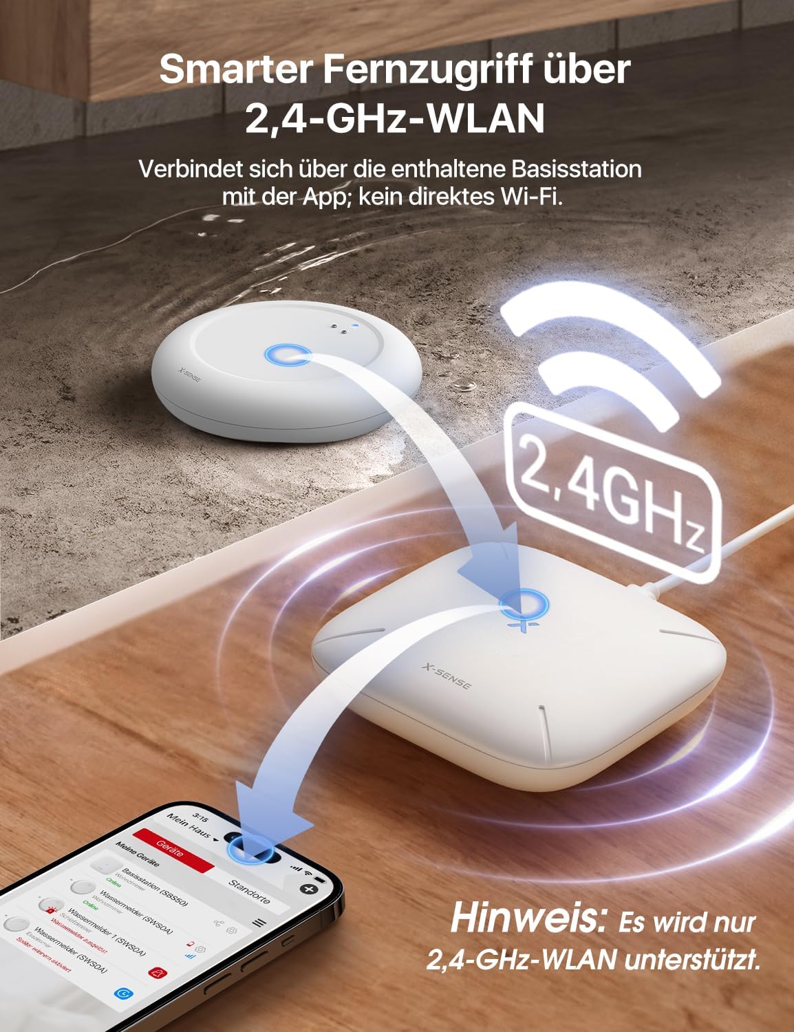 WLAN Wassermelder-Set mit Basisstation, 4x Wassermelder + Sbs50 Basisstation
