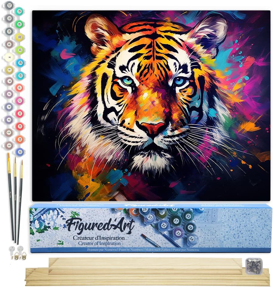 Malen Nach Zahlen Set Tiger, 40 x 50 cm, Tiger Farbenfroh Abstrakt 40x50cm Mit Keilrahmen (nicht gespannt)