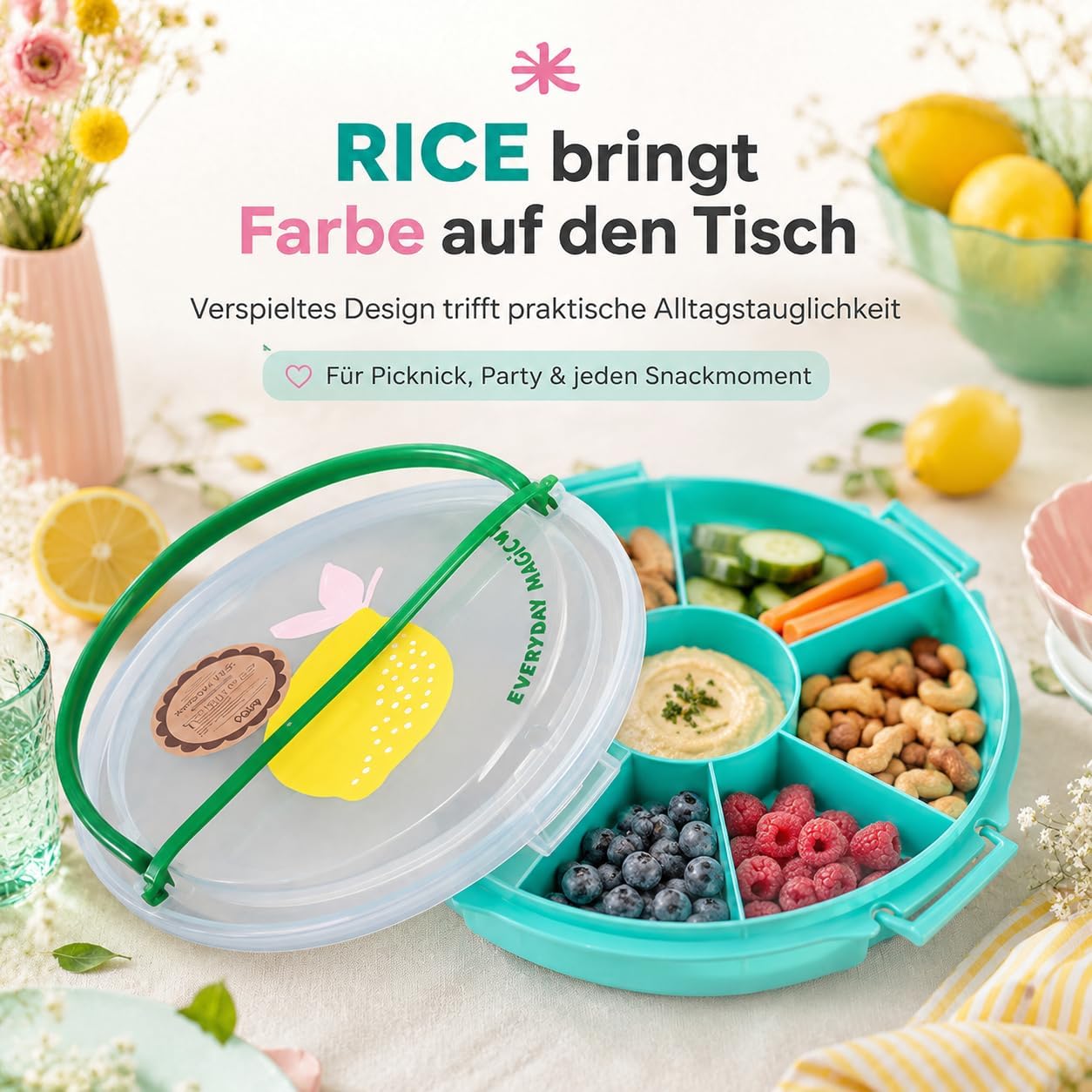 Snackbox mit Fächern und Deckel (Rund), Zitrone