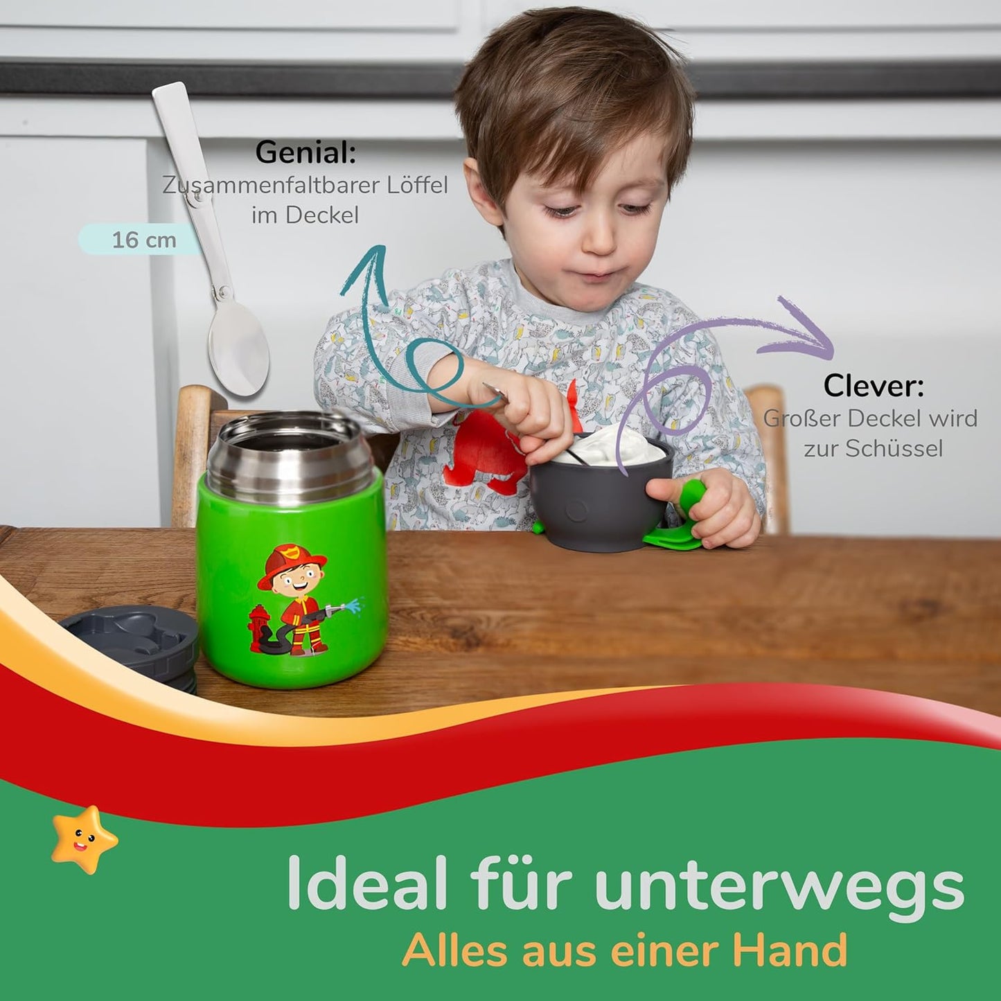 Thermobecher für Speisen und Getränke, 500ml, Felix Feuerwehrmann (Grün)