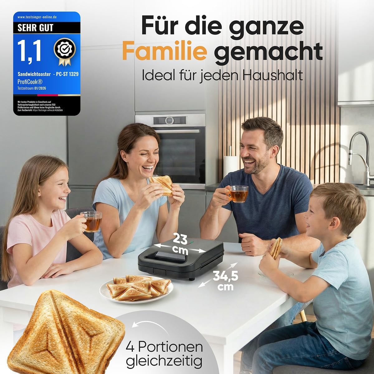 Sandwichmaker für 4 Sandwiches mit Antihaft-Platten, Schwarz