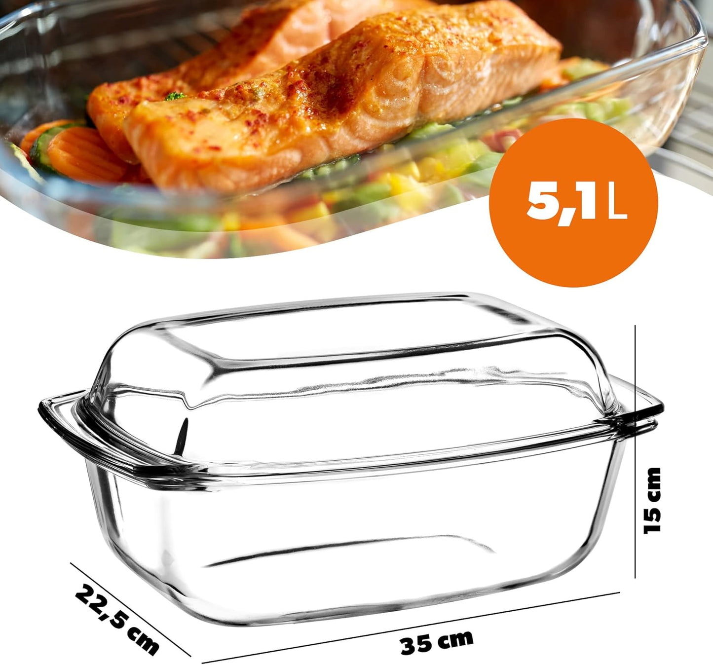 Auflaufform mit Deckel und Griffen, Transparent 5.1 L