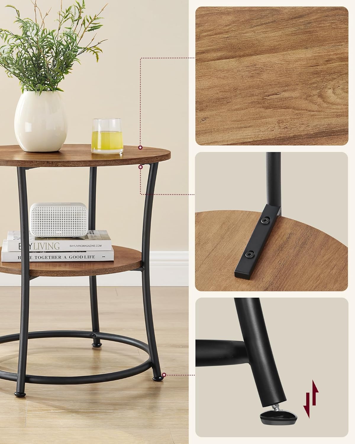 Runder Couchtisch im Industrie-Design und 2 Ablagen, Walnussbraun + Schwarz