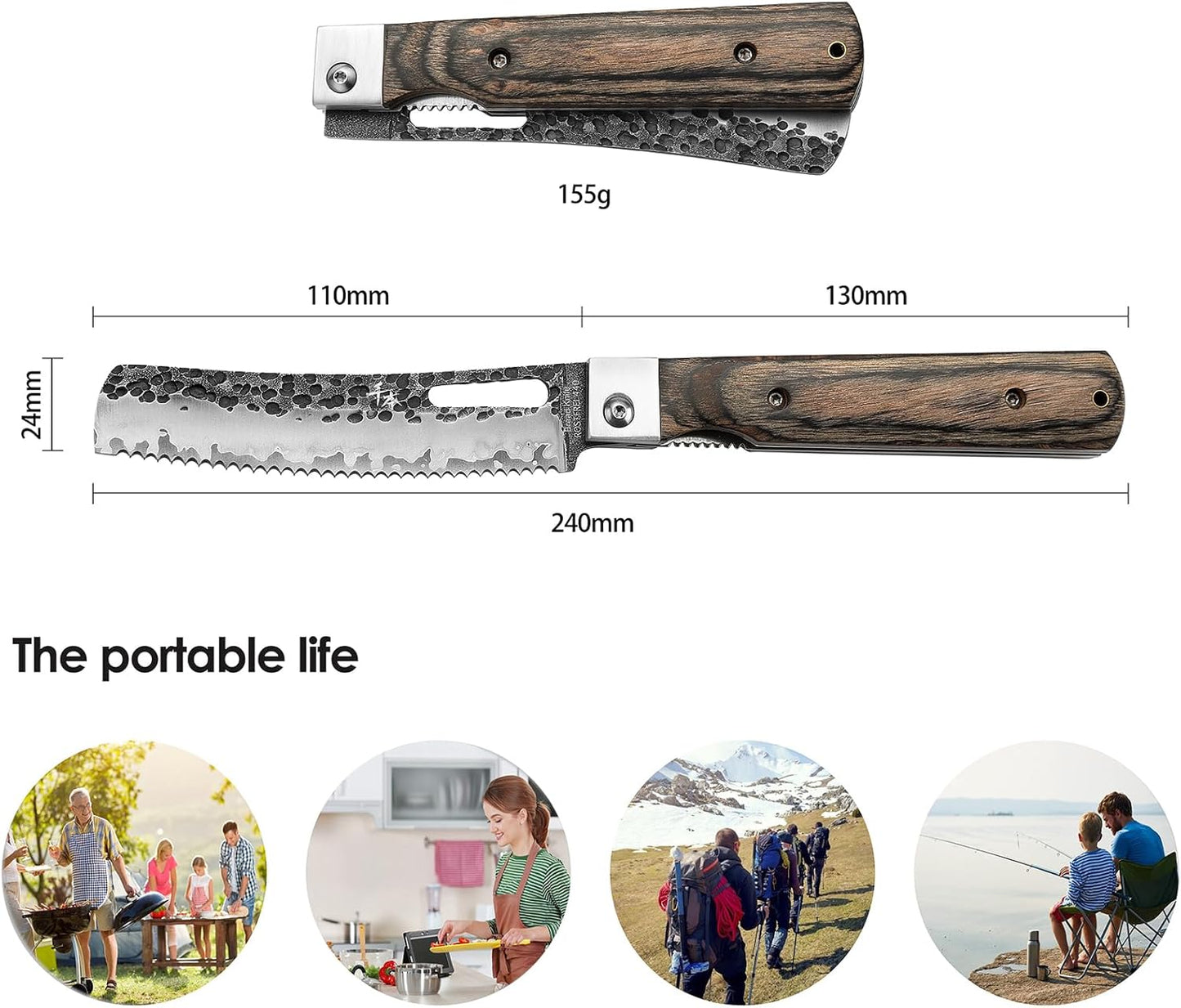 Faltbares Brotmesser mit Holzgriff, Silber