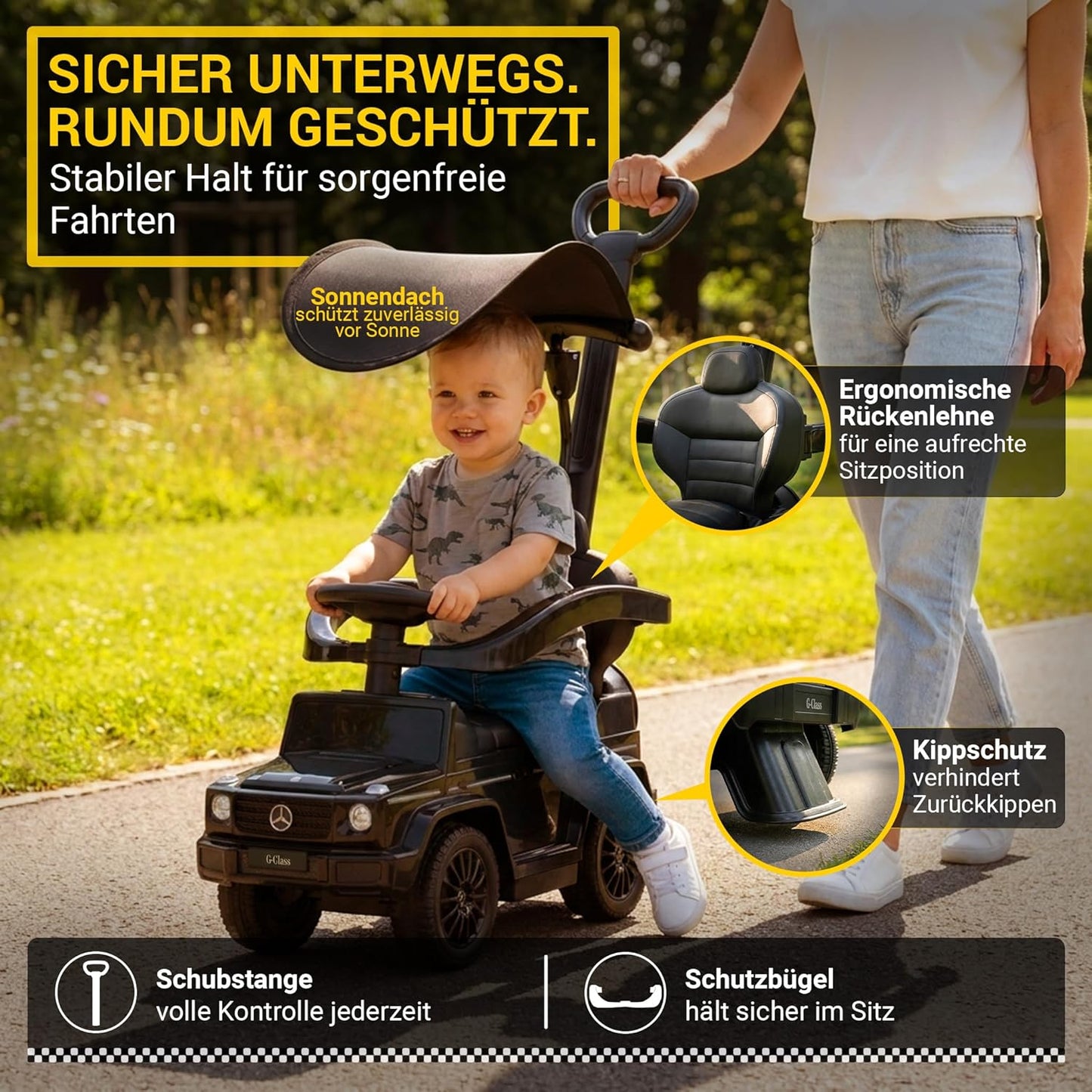 3in1 Rutschauto Mercedes G350d mit Schiebestange, Schutzbügel & Sonnendach, Schwarz 3in1