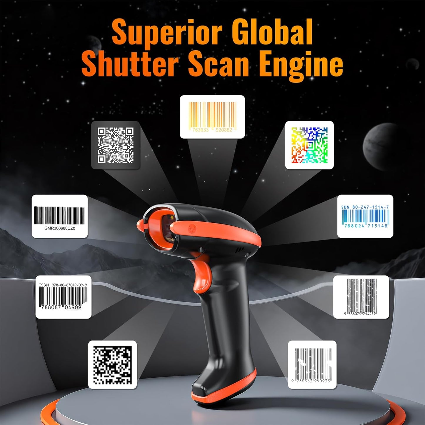 2D/1D Barcode-Scanner mit Ladestation und USB-Kabel, Mandarinfarben
