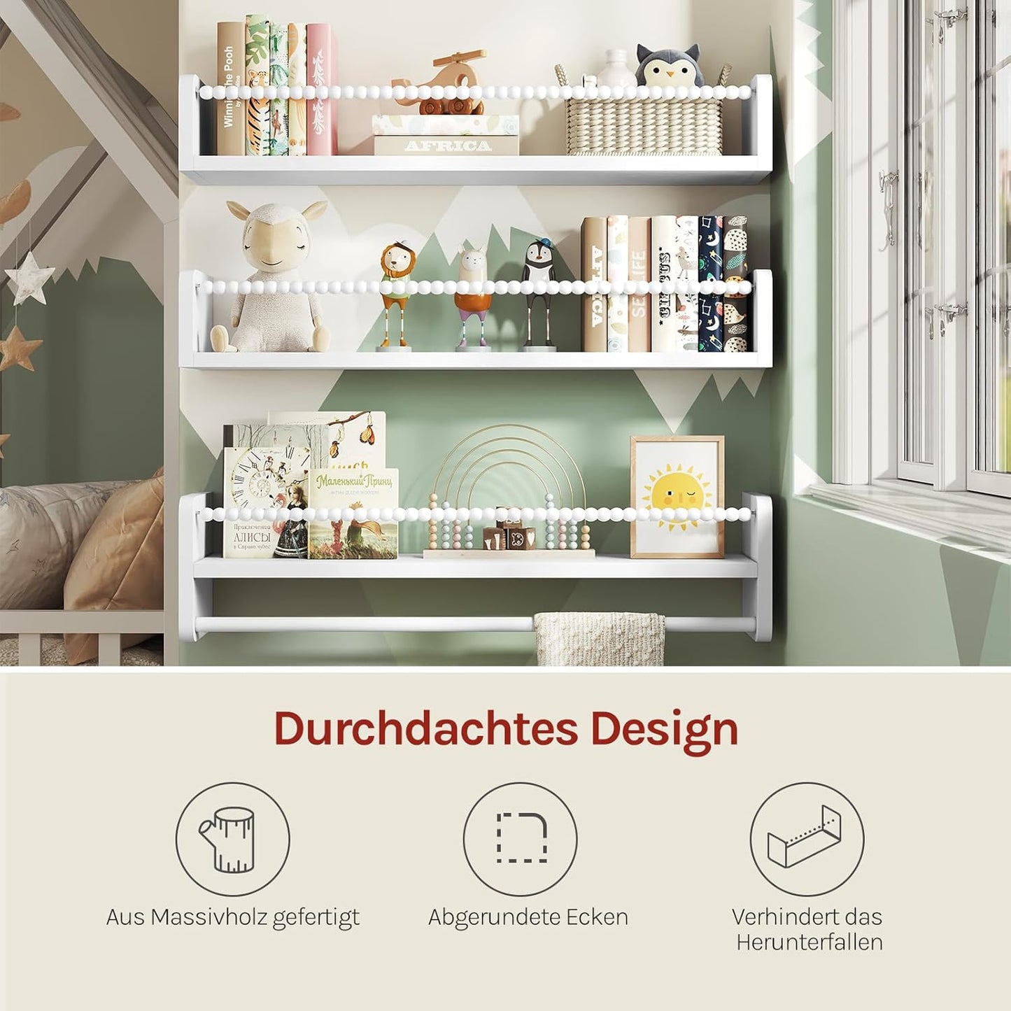 3er-Set Kinder-Bücherregal für die Wand, 60 x 15 x 14 cm Weiss