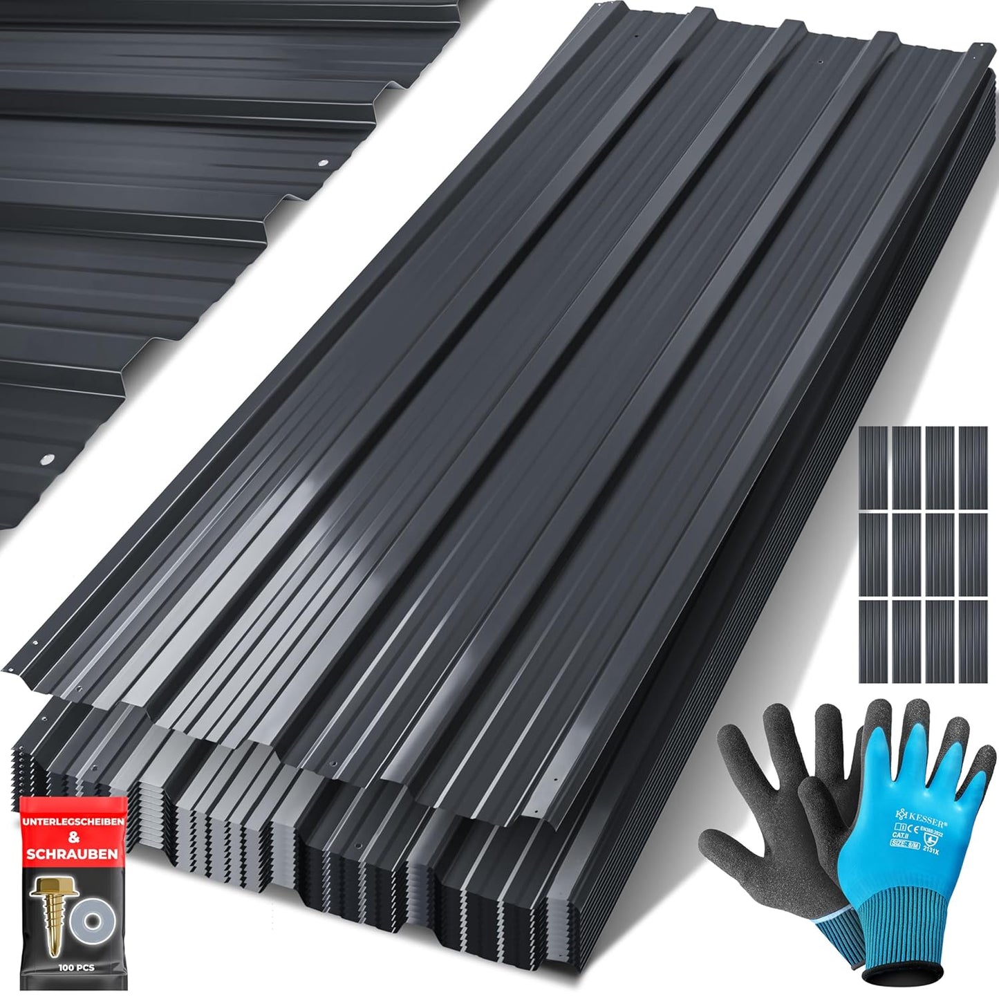 12-teiliges Trapezblech-Set für Dach (12 Stück) inkl. Zubehör, Anthrazit, 129x45cm / 12 Stück