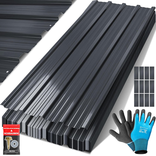 12-teiliges Trapezblech-Set für Dach (12 Stück) inkl. Zubehör, Anthrazit, 129x45cm / 12 Stück