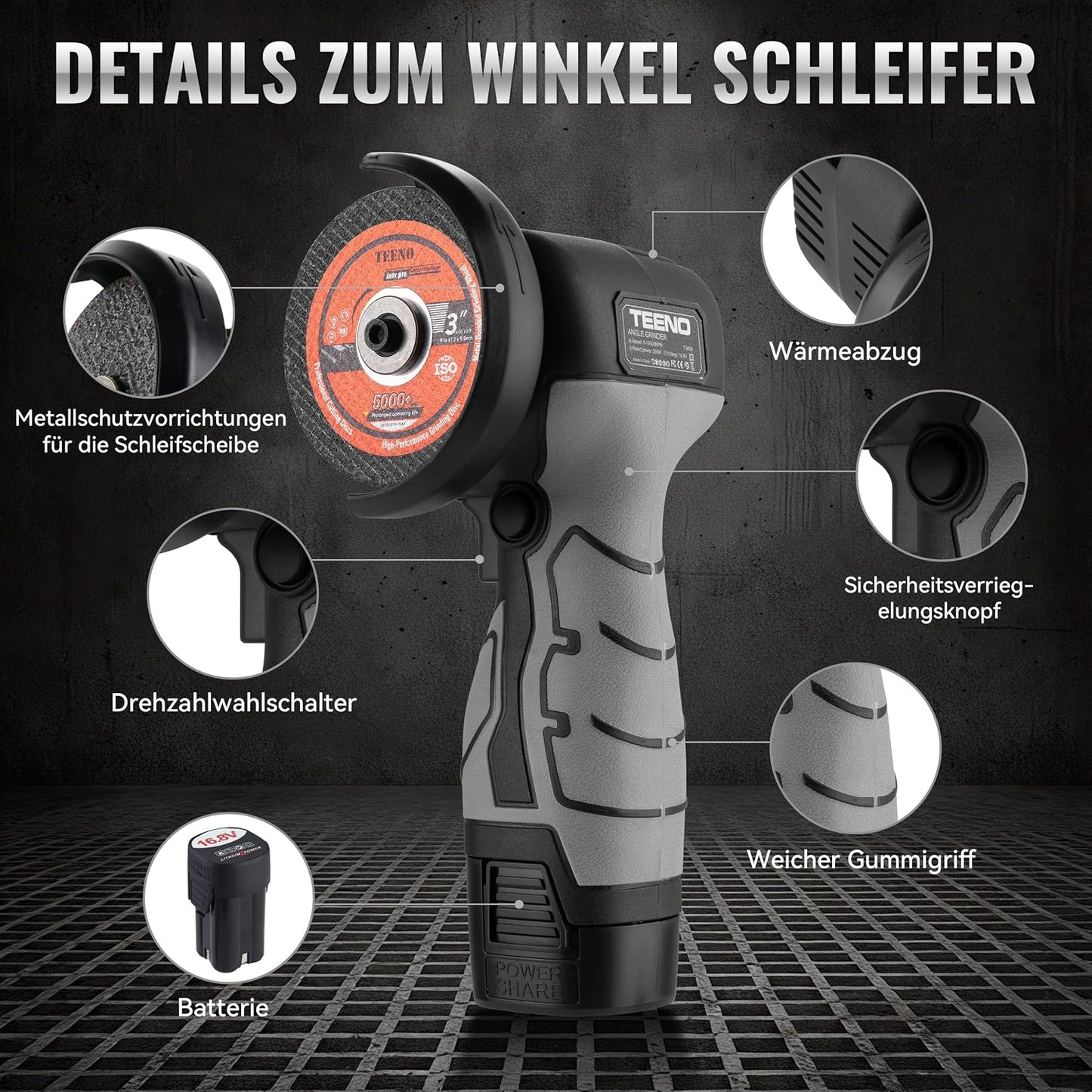 Kabelloser Winkelschleifer T-3608 mit 2 Akkus und 6 Scheiben, Grauer Winkelschleifer